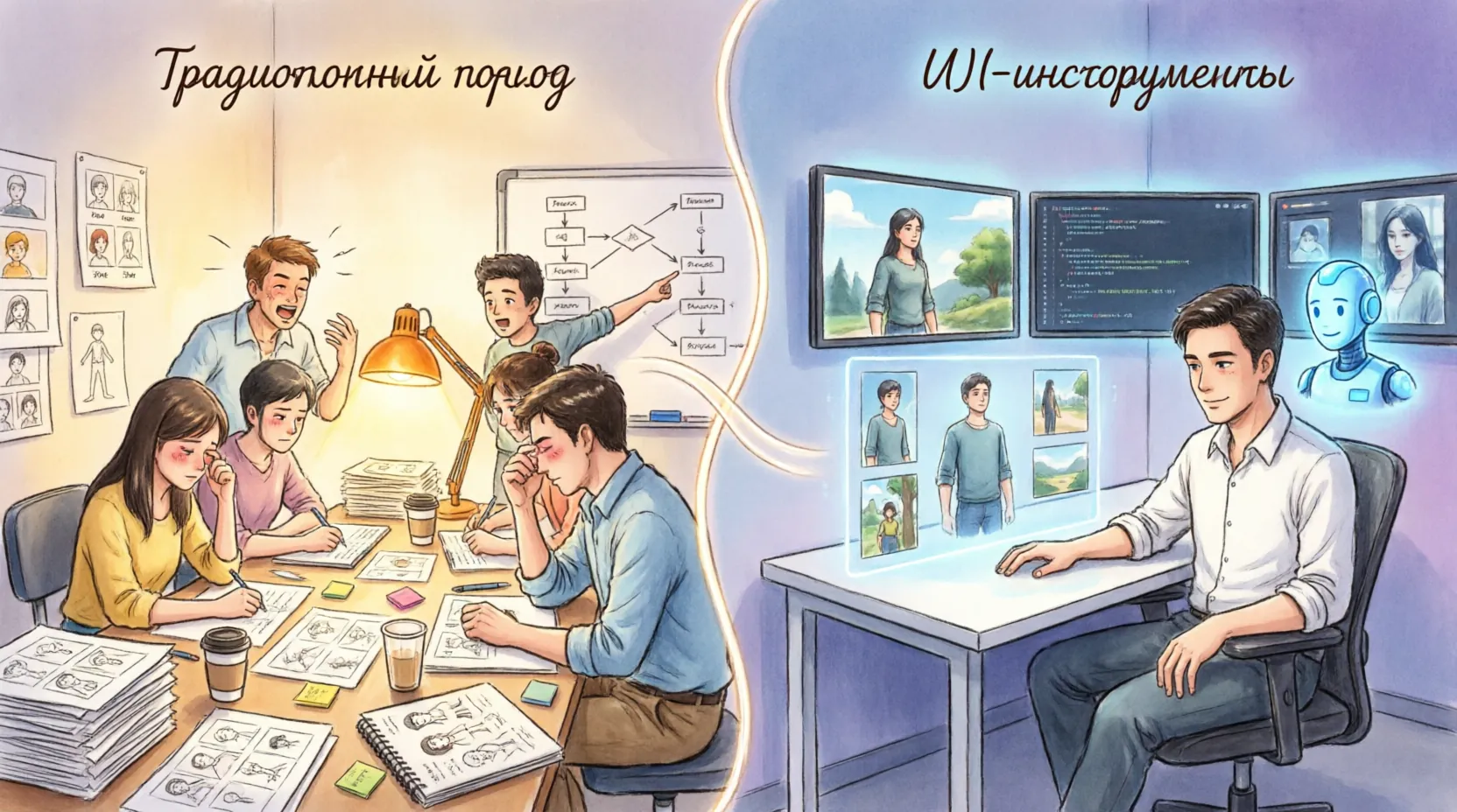 сравнение процесса разработки игр: традиционный подход против использования ИИ-инструментов