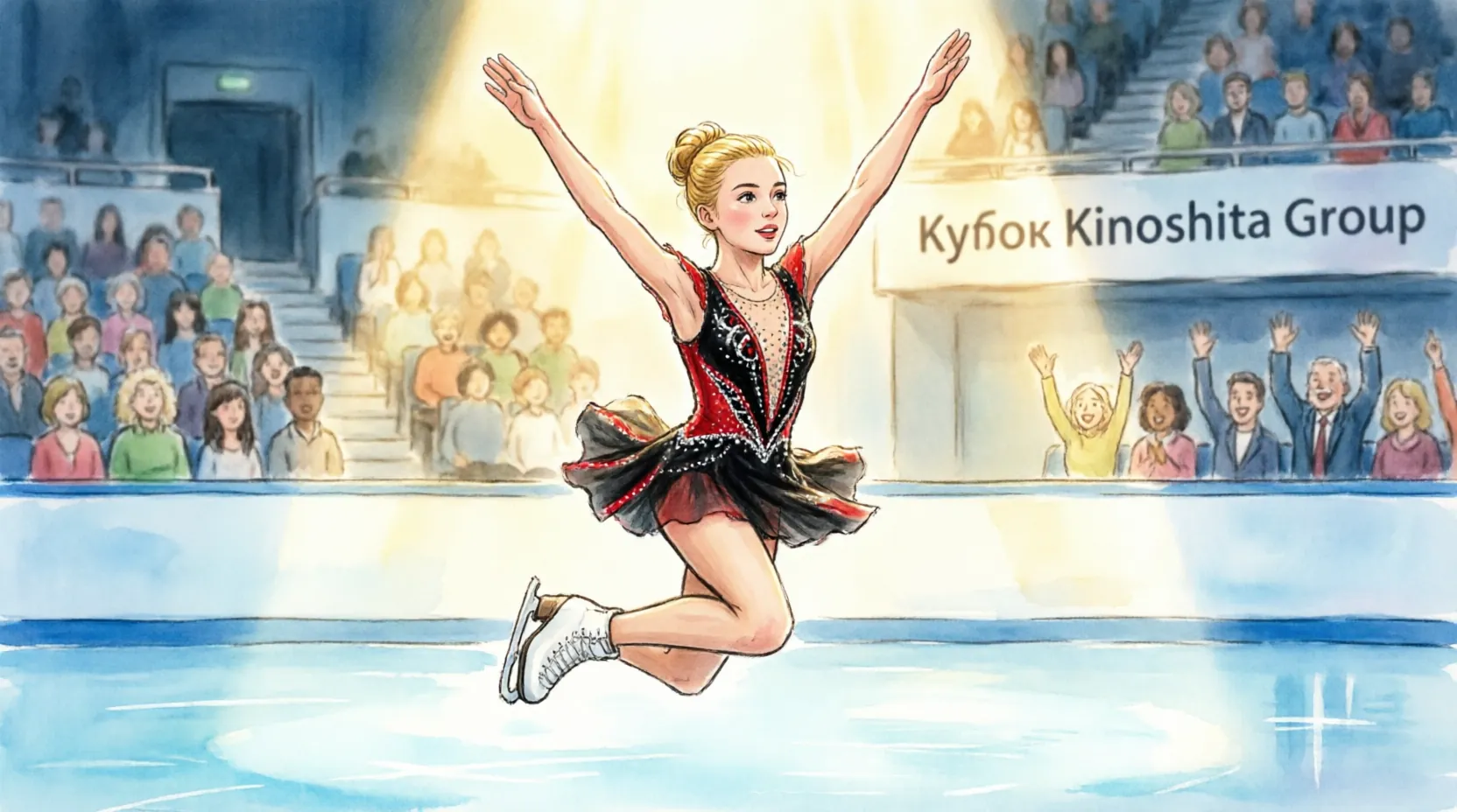 Александра Трусова в прыжке с поднятыми руками на фоне трибун турнира Kinoshita Group Cup