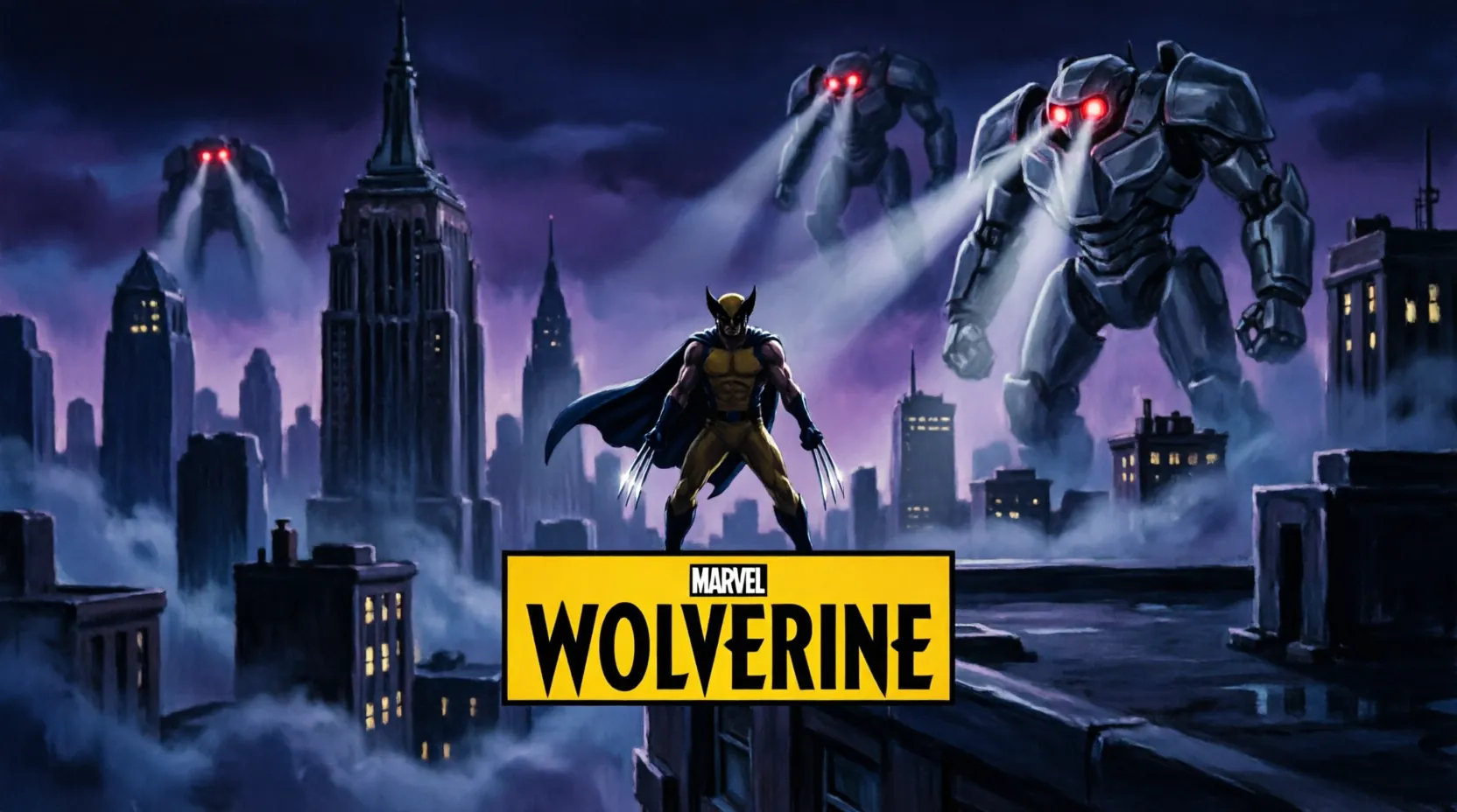 логотип Marvel's Wolverine на фоне темного города с силуэтом Росомахи и охотничьими дронами Стражами