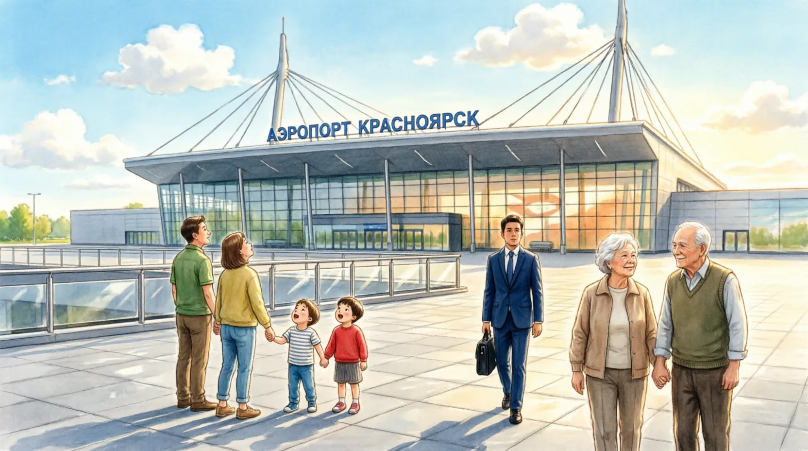 обновленная привокзальная площадь аэропорта Красноярск с новым покрытием и ограждениями