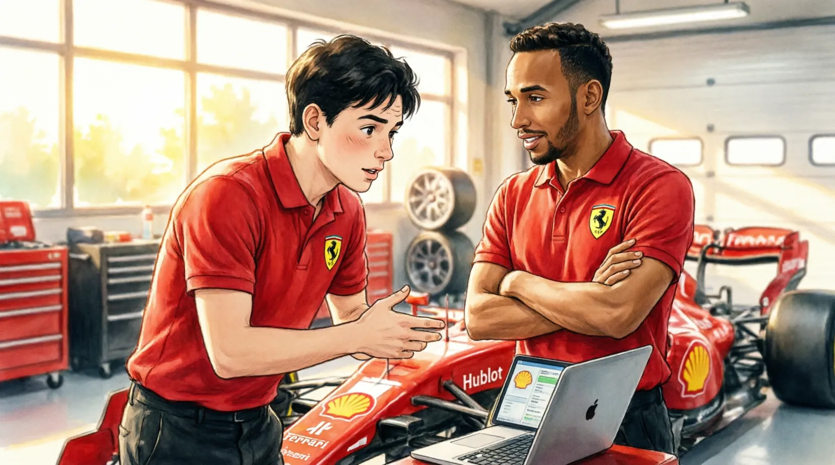 Шарль Леклер и Льюис Хэмилтон в гараже Ferrari обсуждают настройки болида