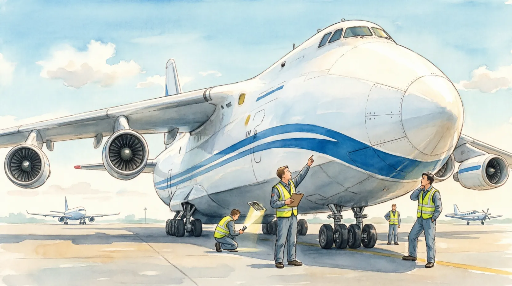 Техники осматривают фюзеляж Ан-124, на заднем плане видны другие самолеты