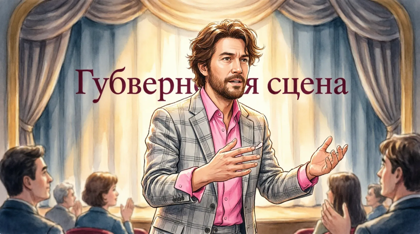 Сергей Безруков на сцене объединенного театра, за его спиной вывеска «Губернская сцена»