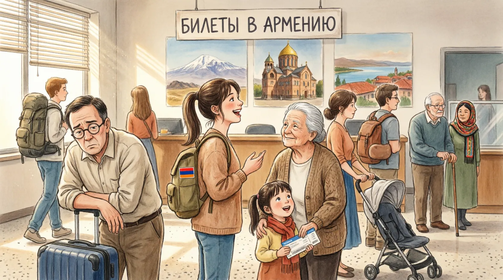 очередь в турагентстве за билетами в Армению