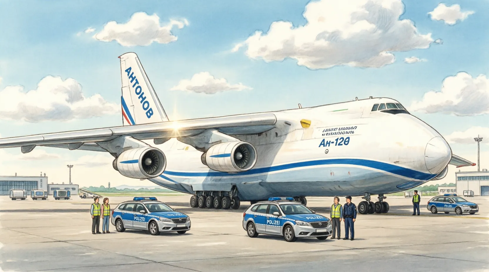 Ан-124 на стоянке в аэропорту Лейпцига, рядом стоят немецкие полицейские машины