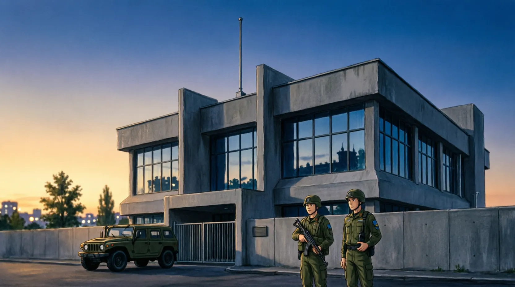 здание Главного управления разведки МО Украины, вечерняя съемка с охраной у входа