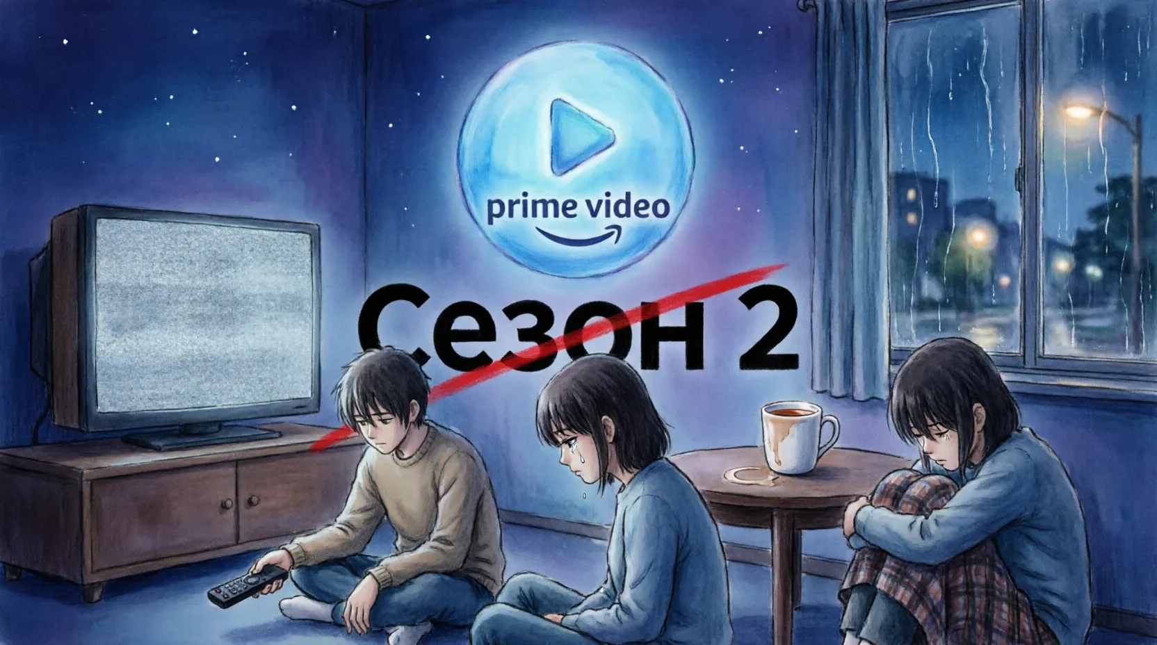 Логотип Amazon Prime Video на тёмном фоне с перечёркнутой надписью Season 2