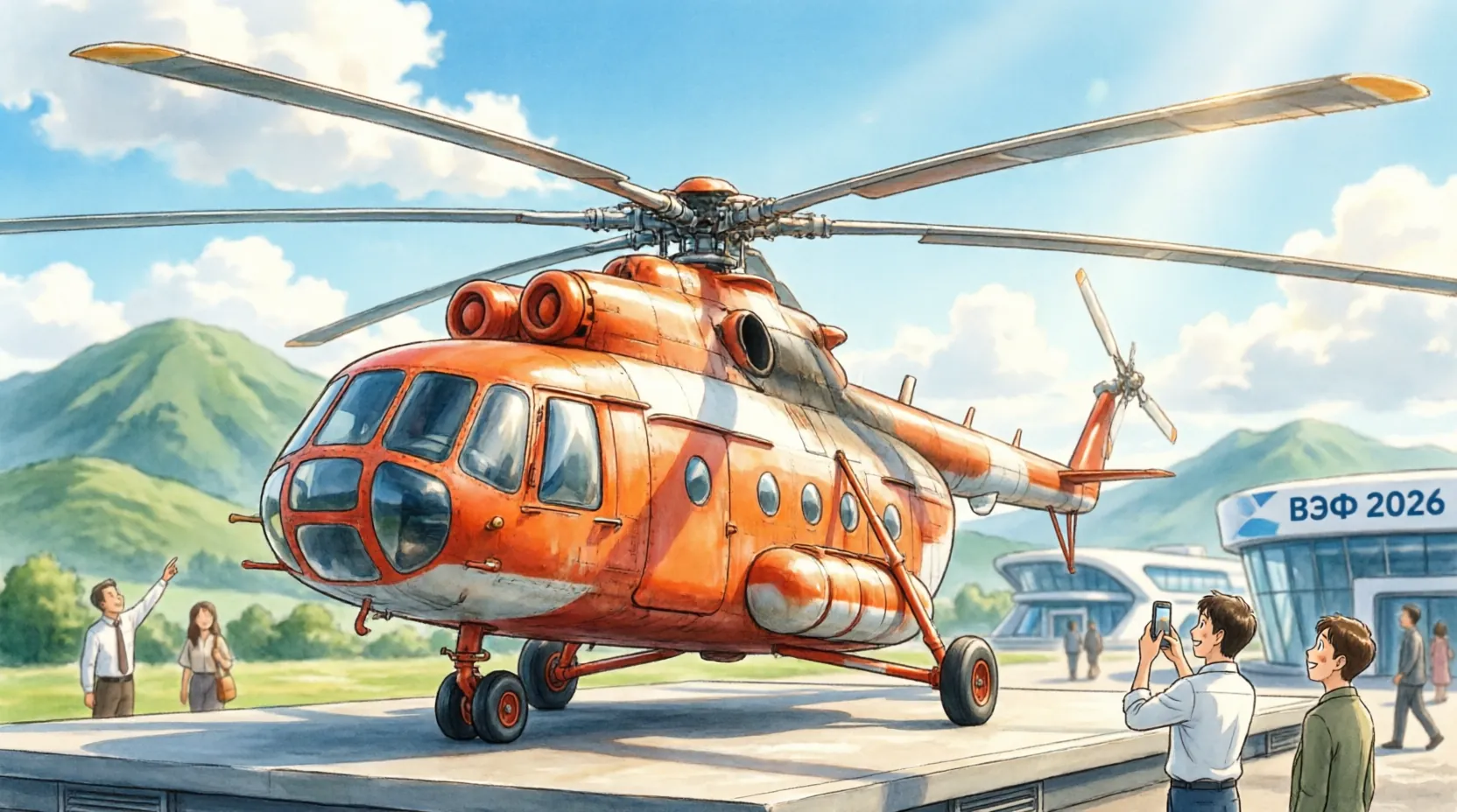 вертолет Ми-171 на статической площадке ВЭФ-2026, на фоне сопки и павильонов форума