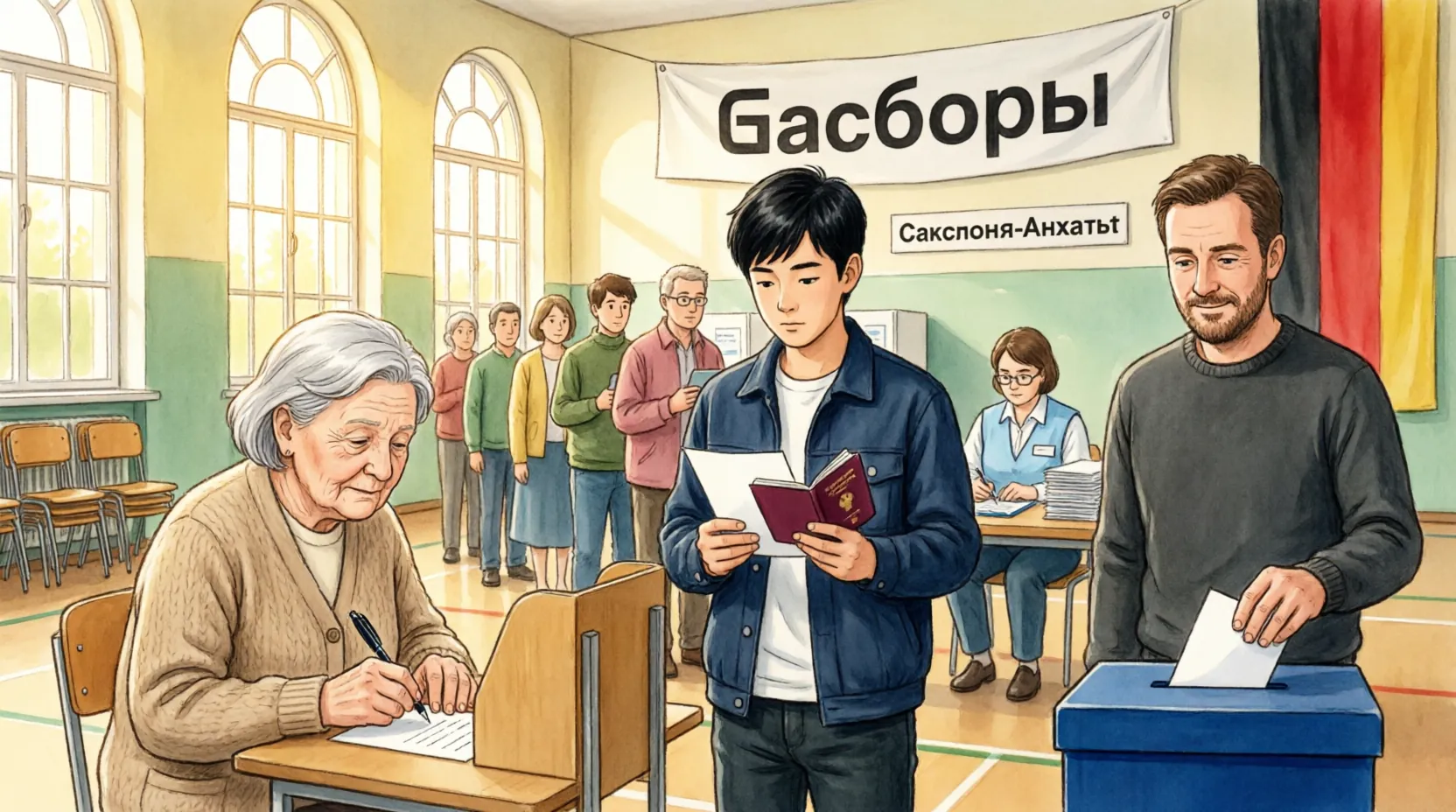 избиратели голосуют на участке в Саксонии-Анхальт