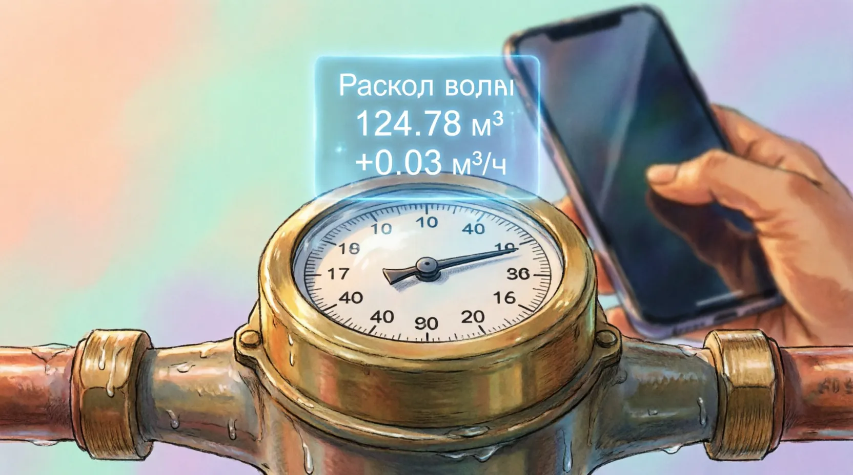 крупный план водяного счетчика с цифровой голограммой и смартфоном на фоне
