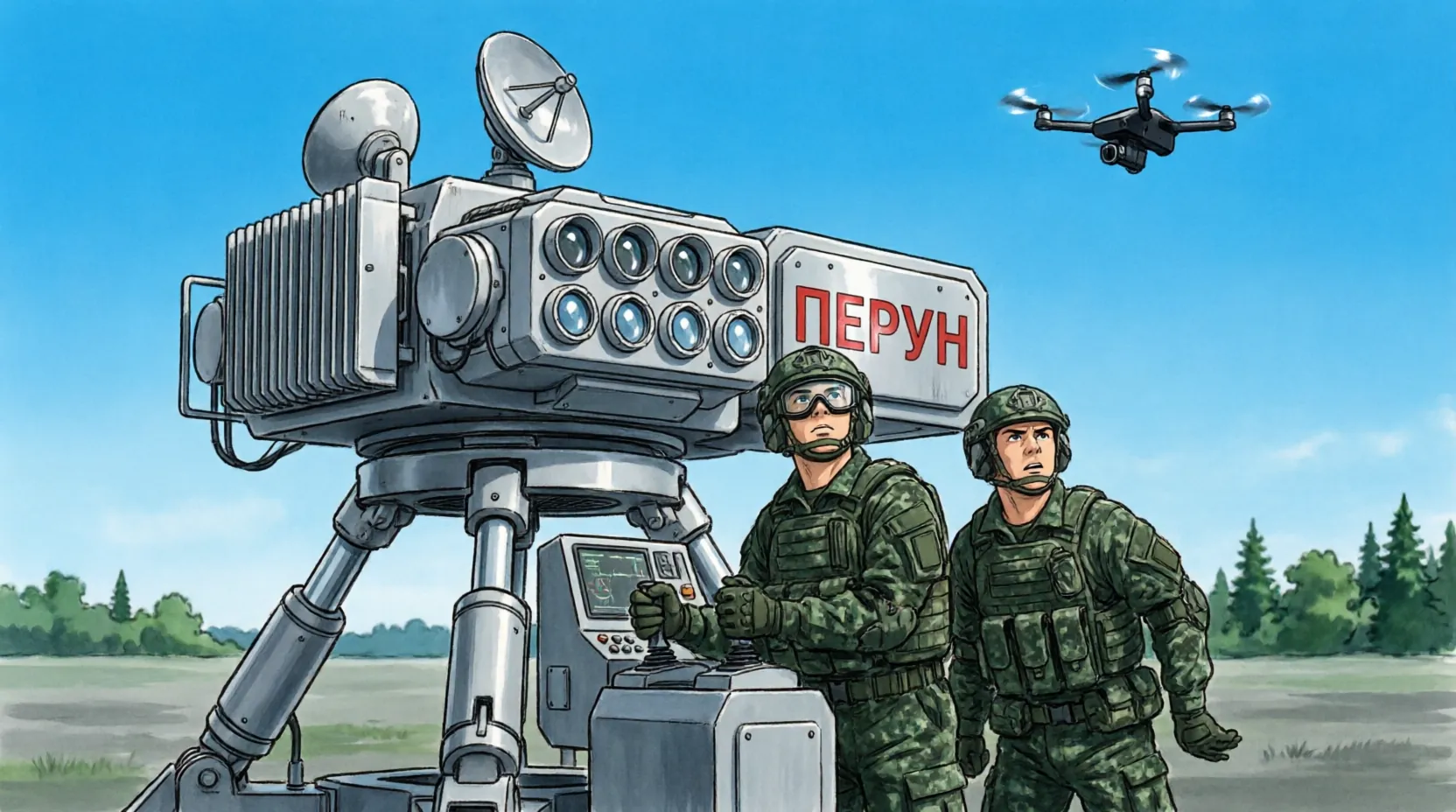 лазерная установка на военном полигоне нацелена на дрон в небе