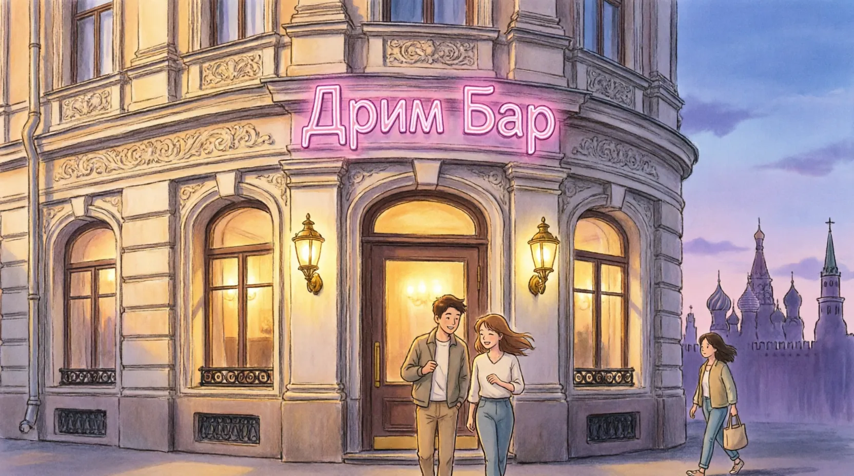 Фасад московского бара Dream Bar с вывеской и вечерней подсветкой