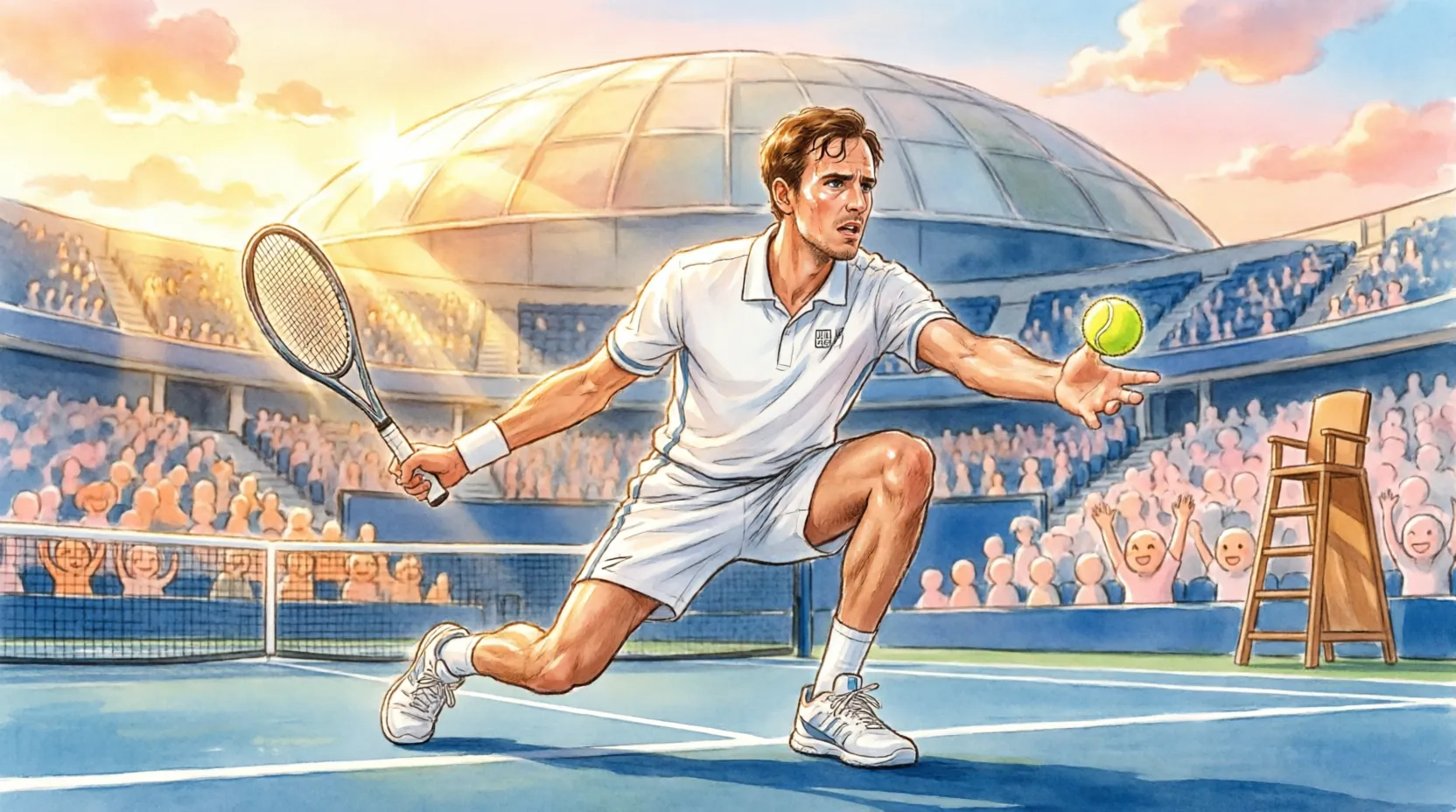 Медведев подает на центральном корте Arthur Ashe Stadium во время матча US Open 2026