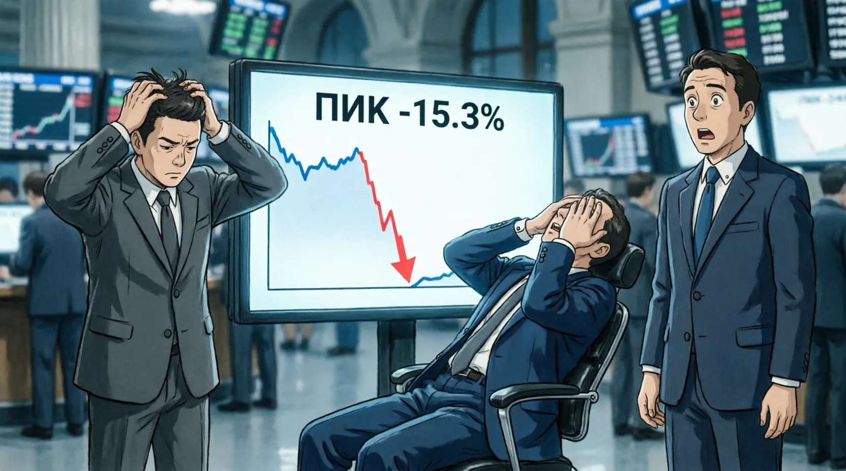 график падения котировок акций ПИК на торговой площадке Мосбиржи
