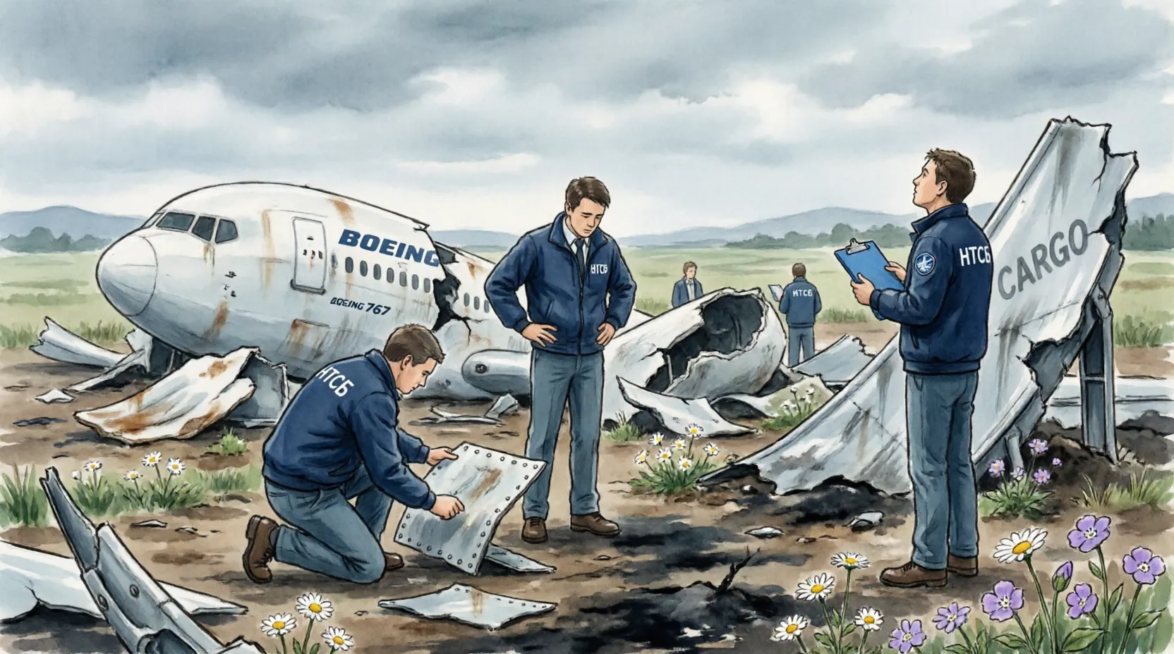 обломки грузового самолета Boeing 767, окруженные следователями NTSB