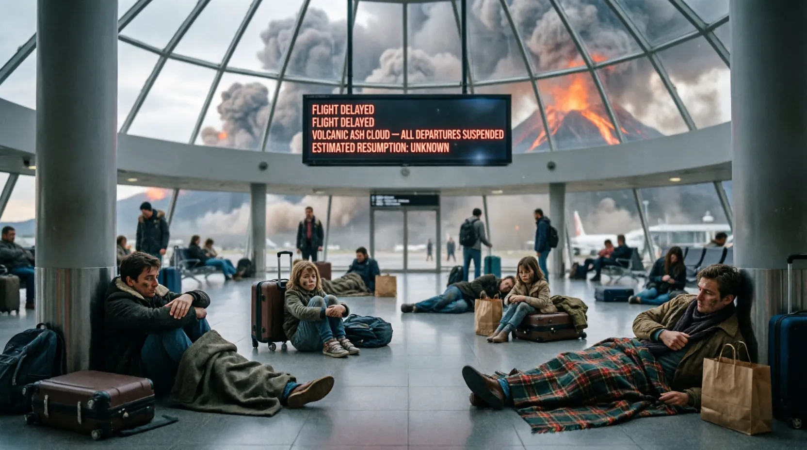 переполненный терминал аэропорта: пассажиры спят на полу, дети сидят на чемоданах, в воздухе видна вулканическая пыль