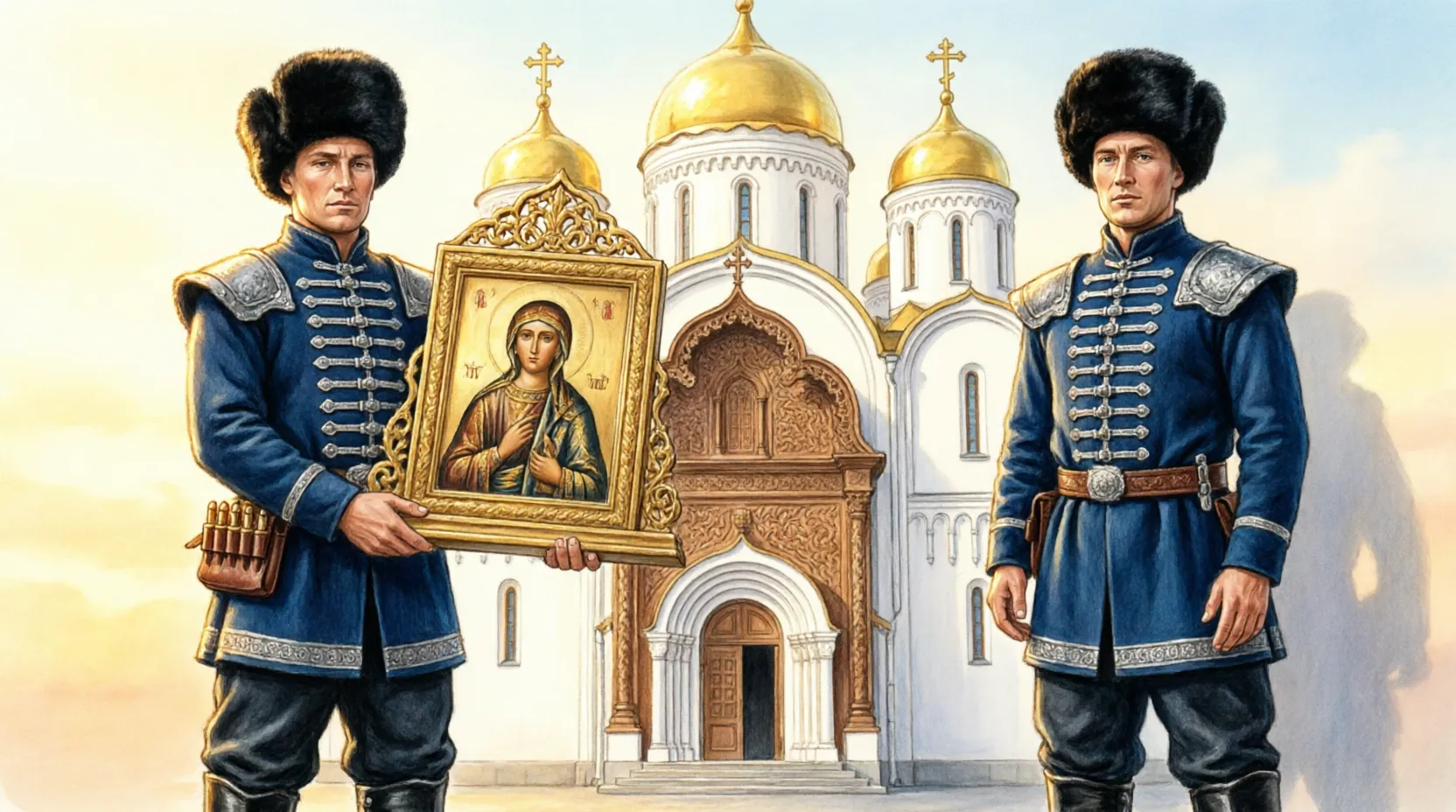 Казаки в форме охраняют вход в православный собор с иконой