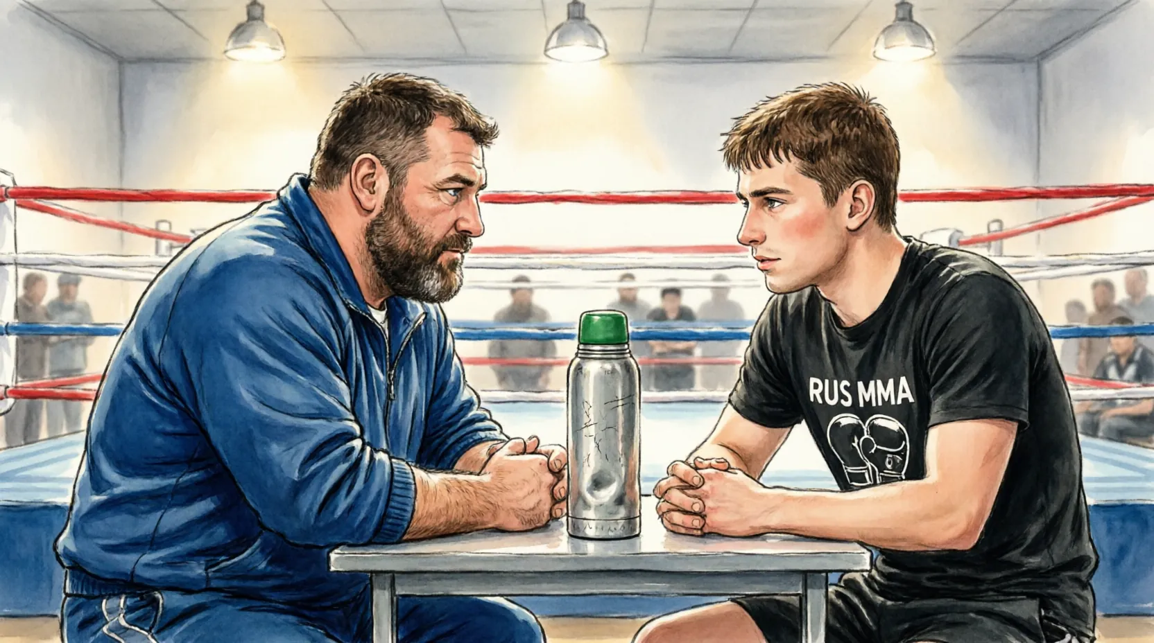 Федор Емельяненко и Хабиб Нурмагомедов беседуют у ринга, на столе стоит старый металлический термос