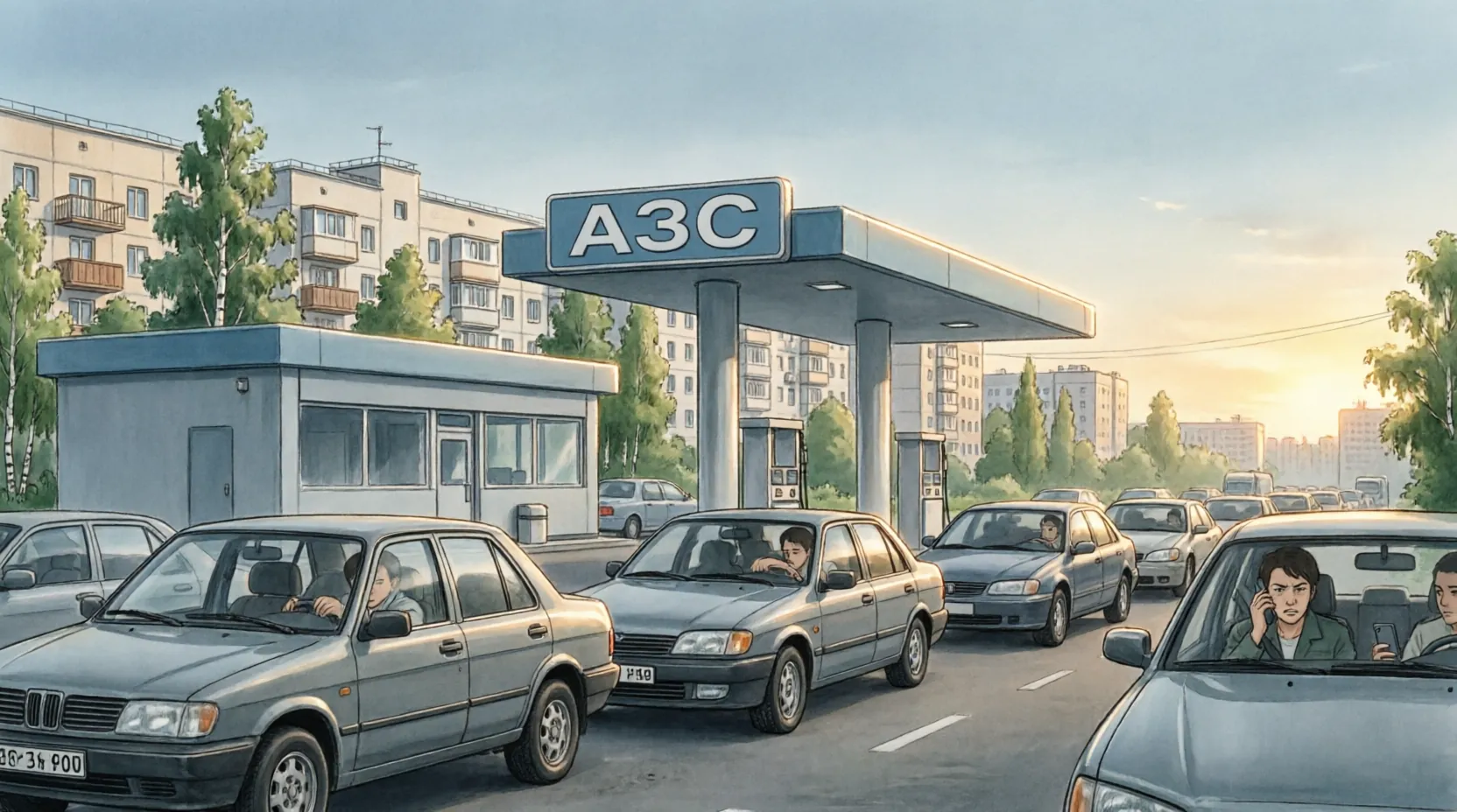 длинная очередь автомобилей на заправке в Ижевске