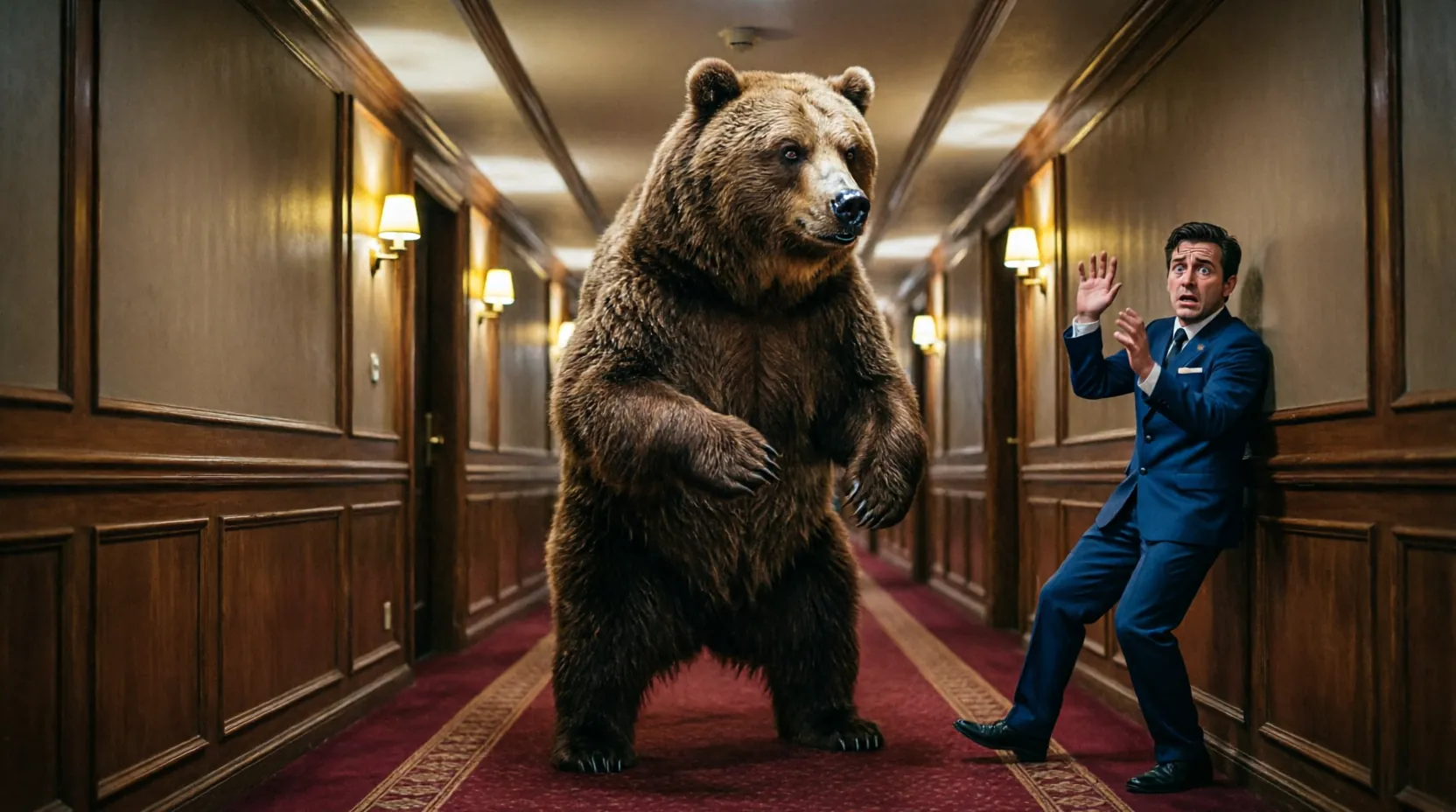 медведь в коридоре отеля, испуганный сотрудник отшатывается
