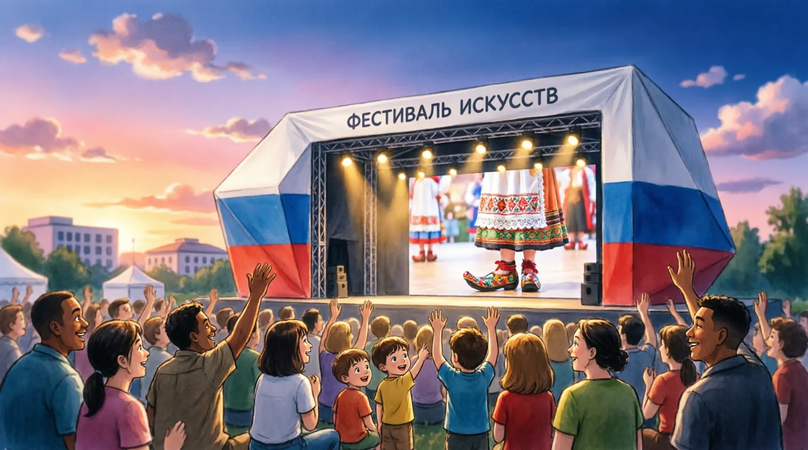 Открытие фестиваля искусств на сцене в Иркутске, зрители на фоне вечернего неба