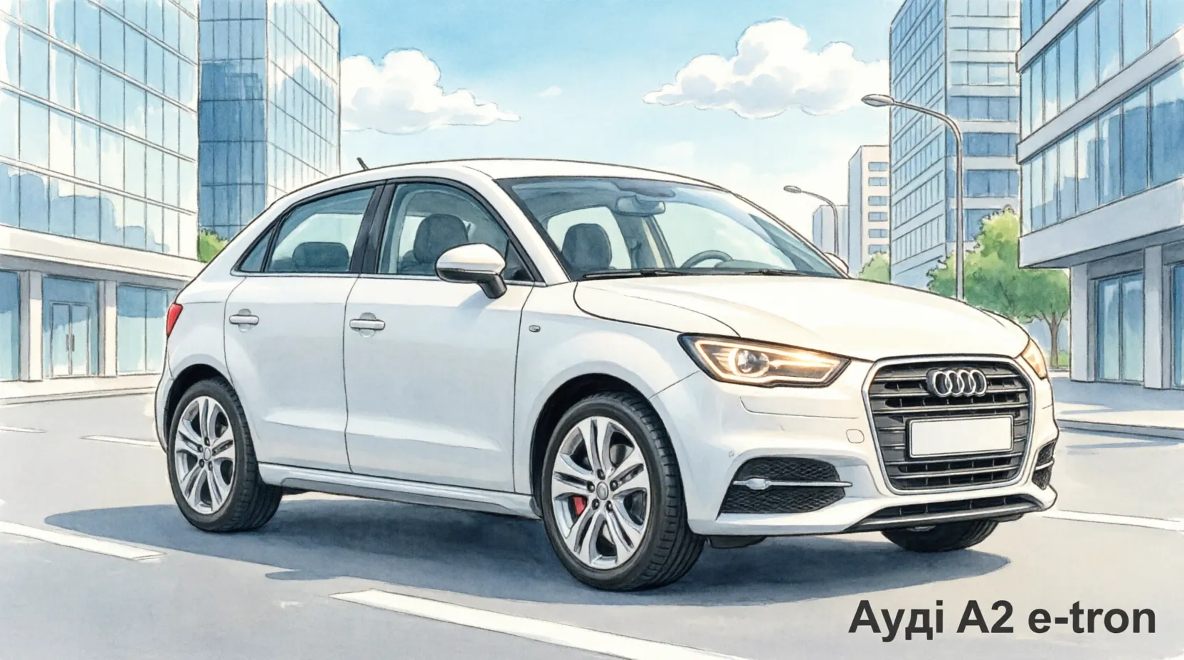 Audi A2 e-tron белого цвета на фоне современного городского пейзажа, вид спереди и сбоку