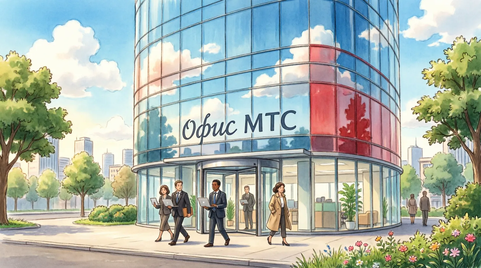 офис МТС, современные стеклянные здания телеком-оператора
