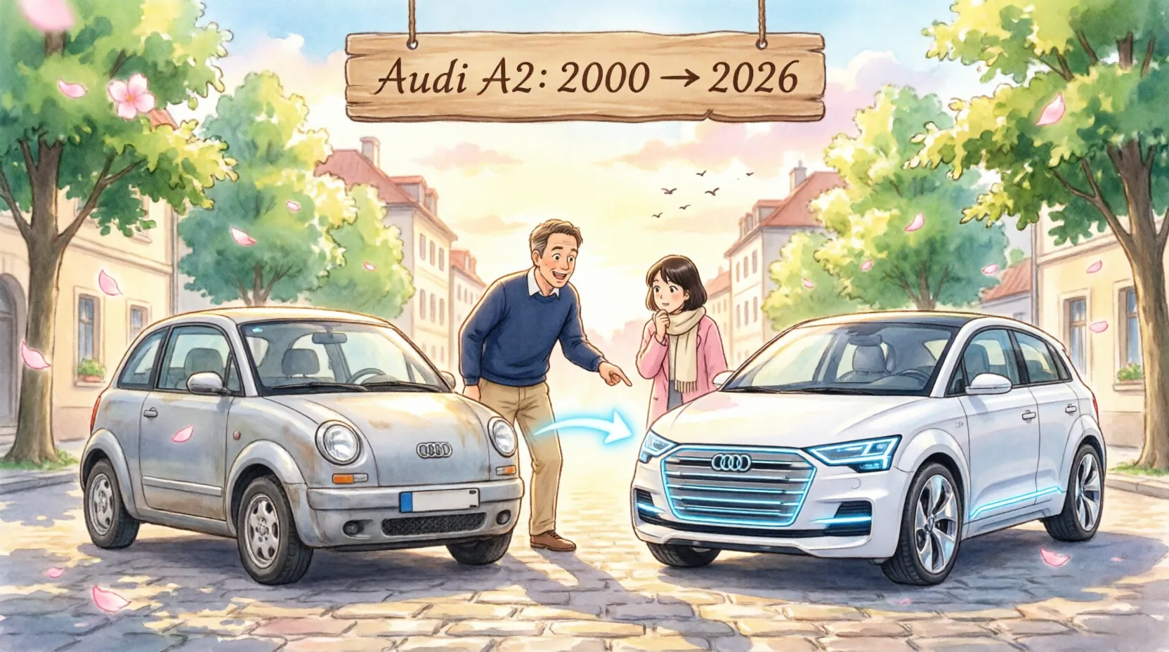 сравнение оригинального Audi A2 2000 года и нового A2 e-tron 2026 года, расположенные рядом