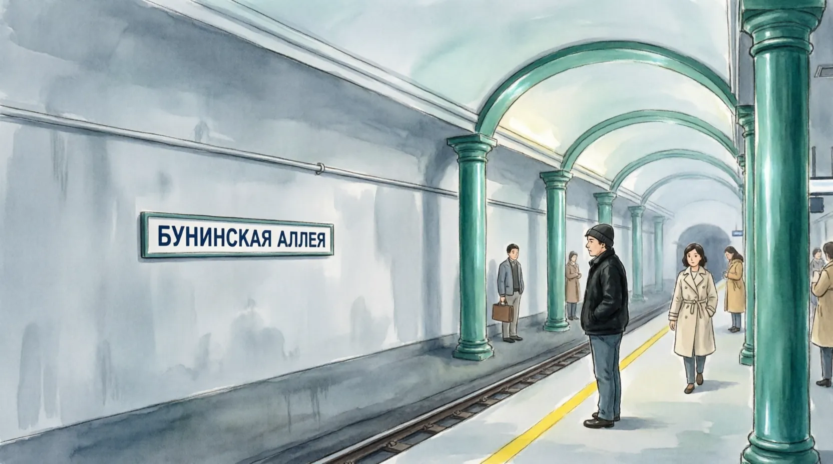 платформа станции метро Бунинская аллея, серые стены, желтая предупредительная линия вдоль края
