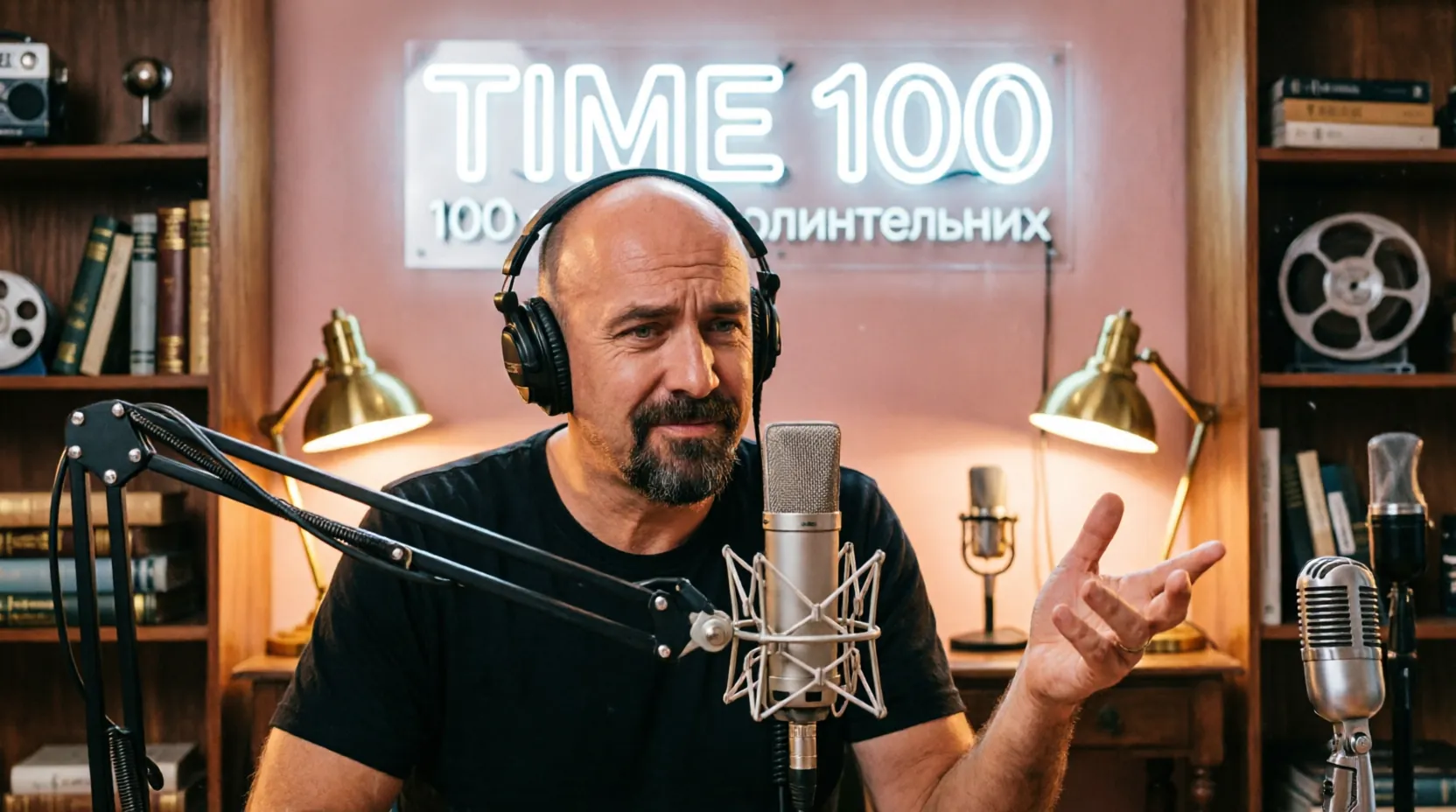 Джо Роган в студии подкаста с логотипом TIME100