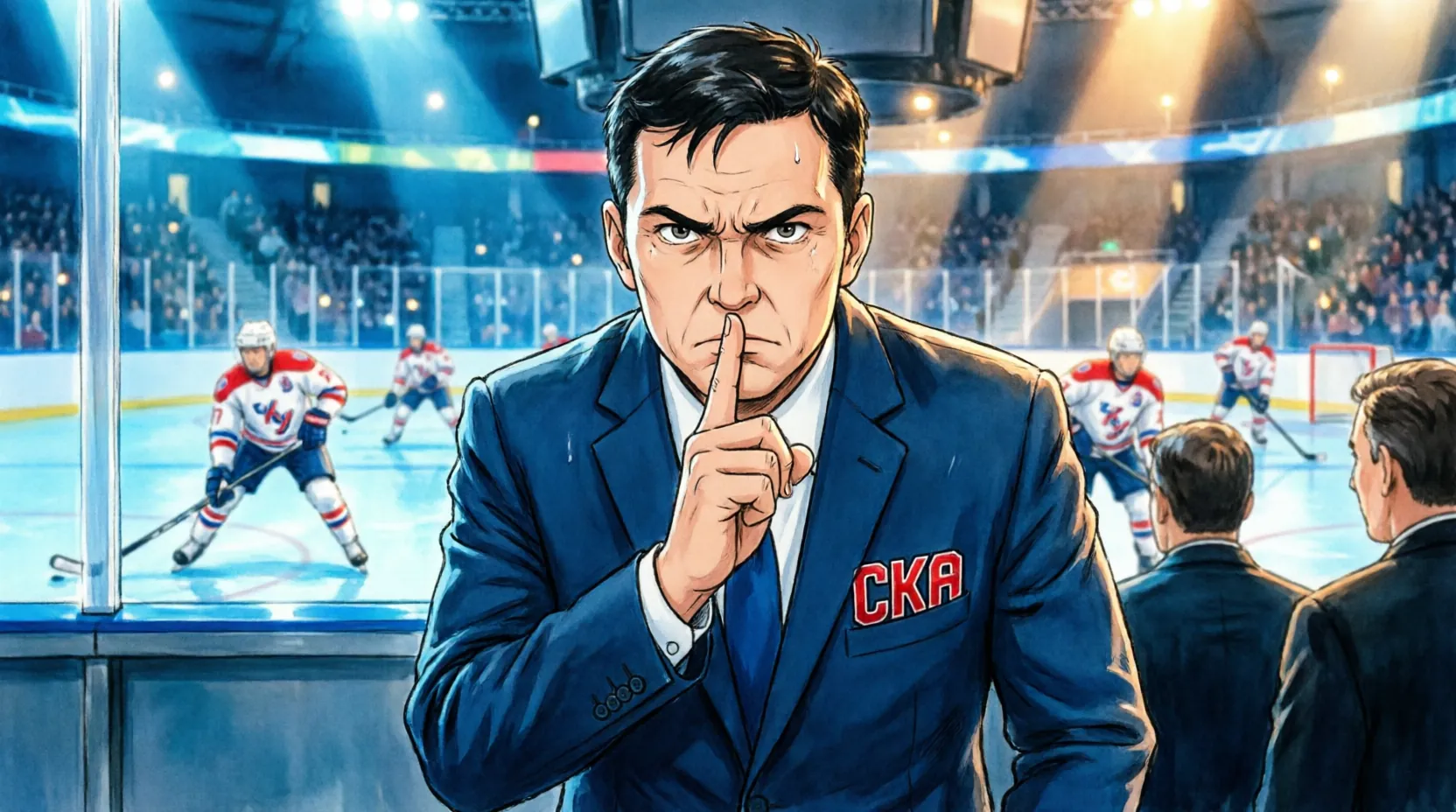 тренер СКА на скамейке запасных во время матча, эмоциональная реакция