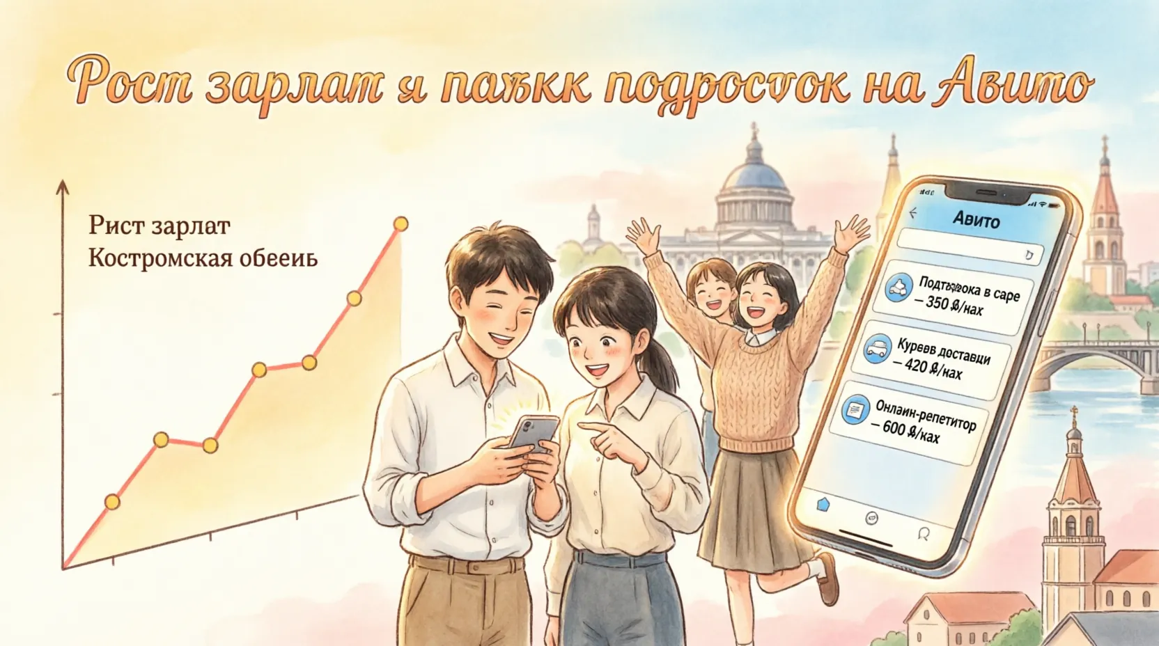 инфографика роста зарплат в Костромской области и статистика поиска подработок на Авито