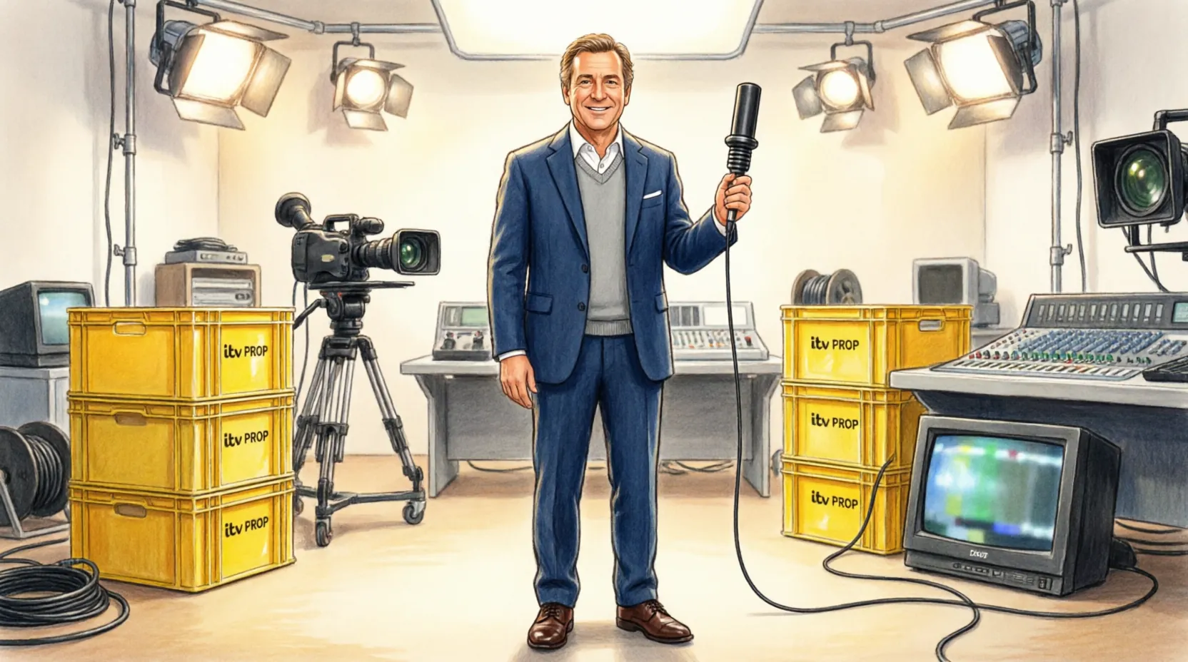 Гари Линекер в студии ITV во время съемок шоу The Box, желтые контейнеры на заднем плане
