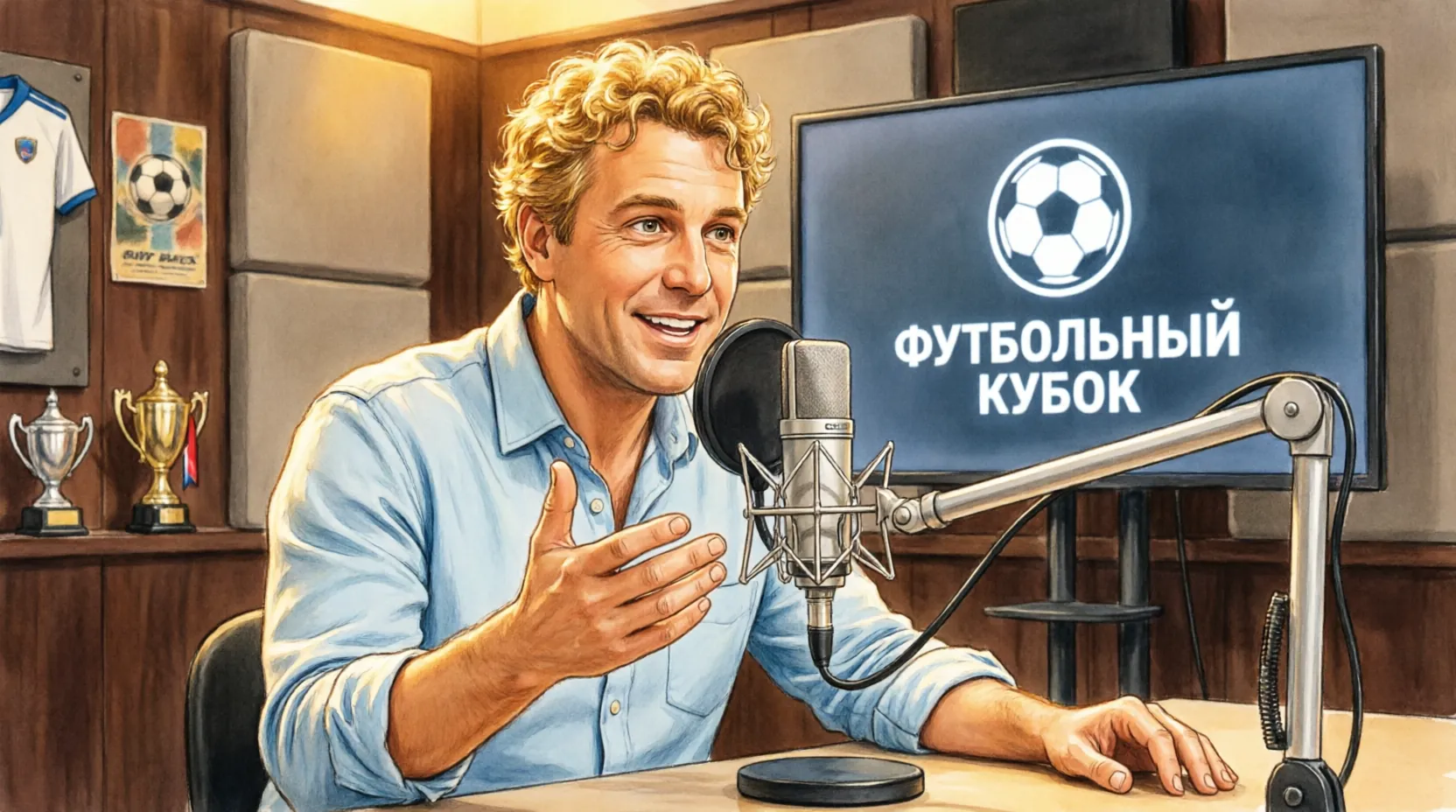 Гари Линекер записывает подкаст в студии, микрофон перед ним, на экране логотип футбольного турнира