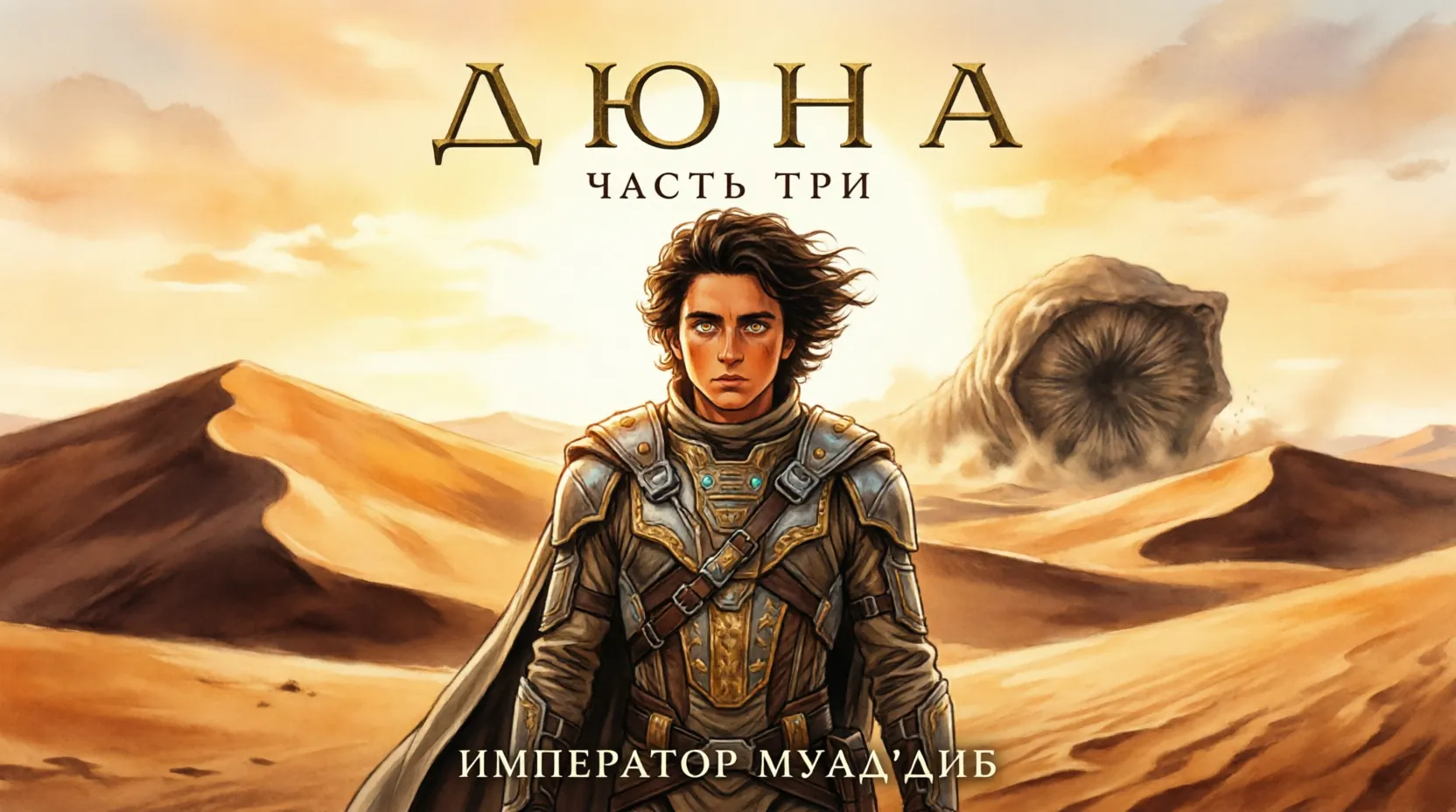 постер фильма Дюна Часть 3 с Тимоти Шаламе в образе императора Пола Атрейдеса на фоне пустыни Арракис
