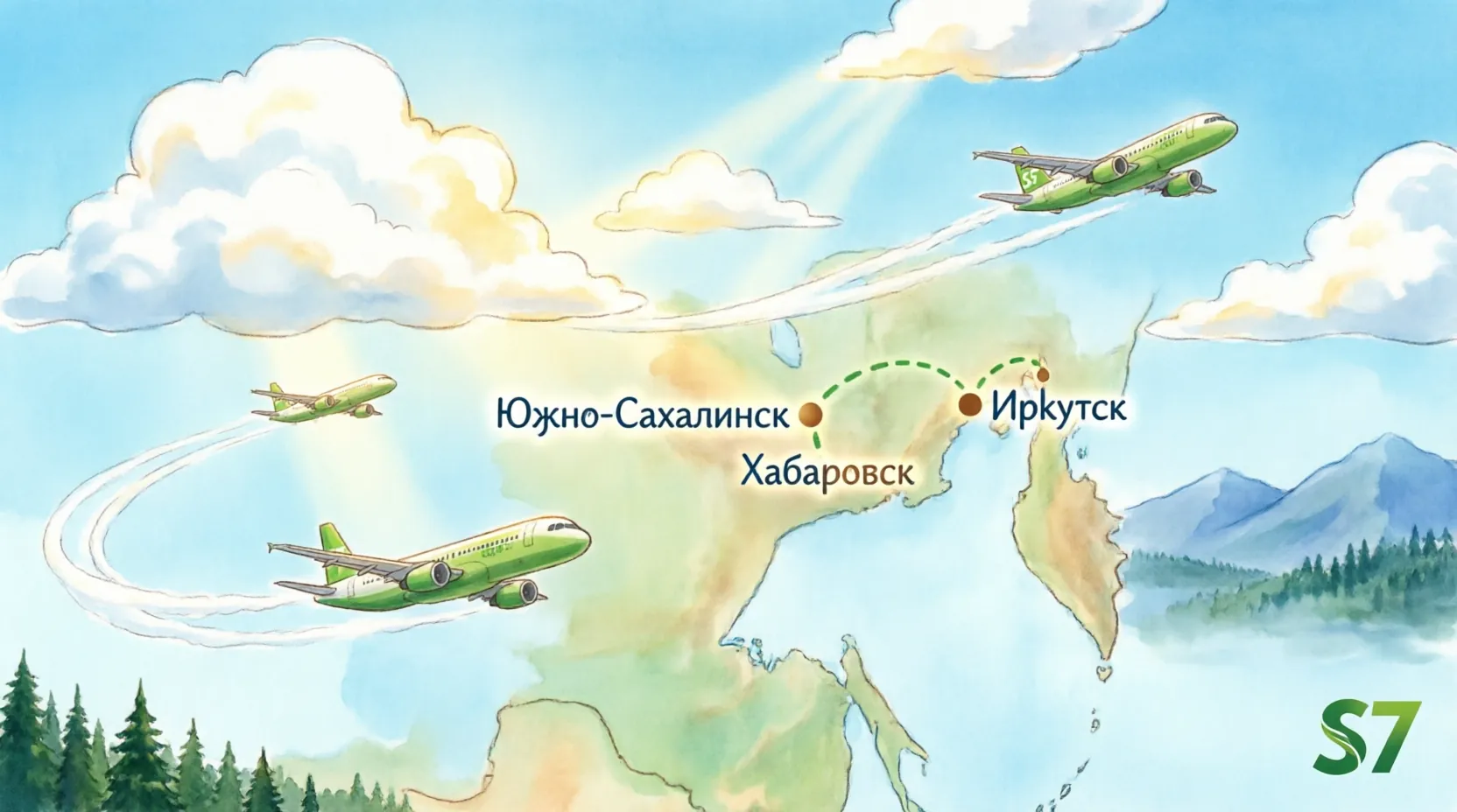 Прямые рейсы S7 с Сахалина в Хабаровск и Иркутск.