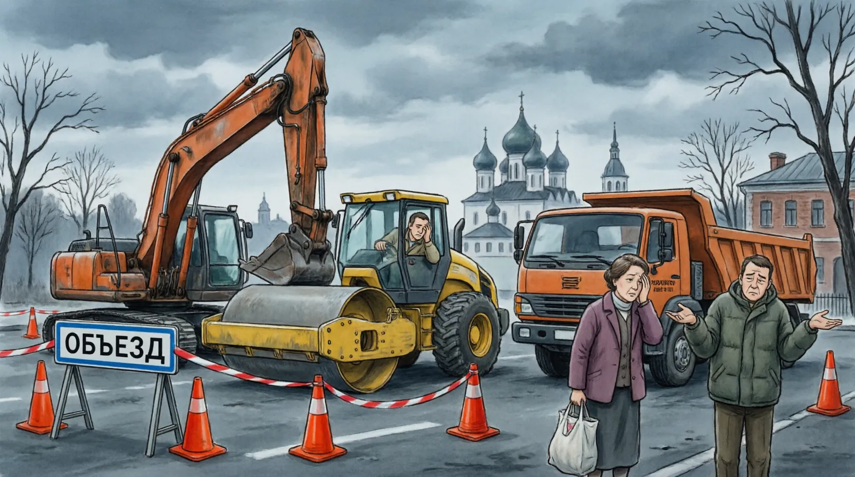 перекрытая дорога во Владимире с дорожной техникой и знаками объезда