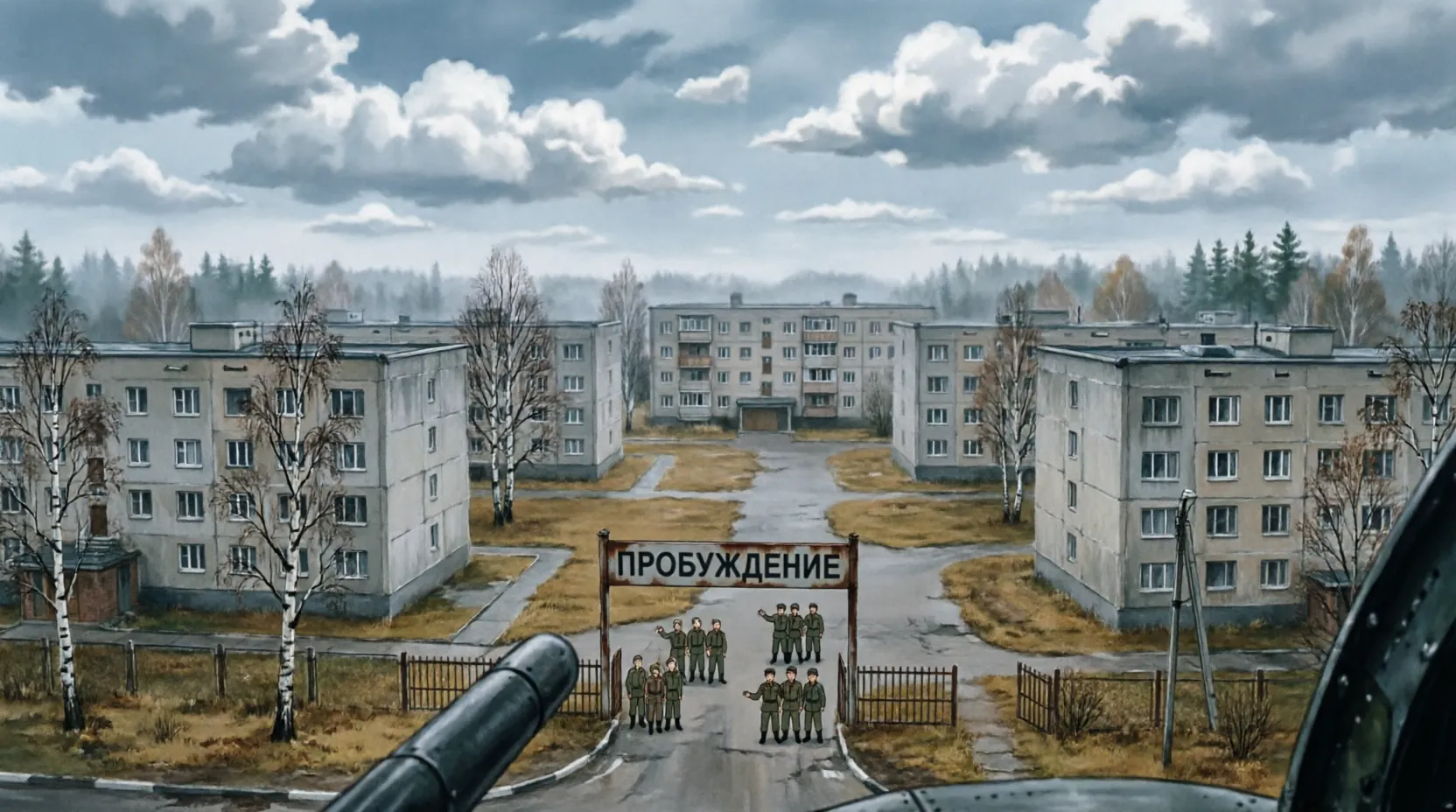военный городок Пробуждение с вертолета в пасмурную погоду