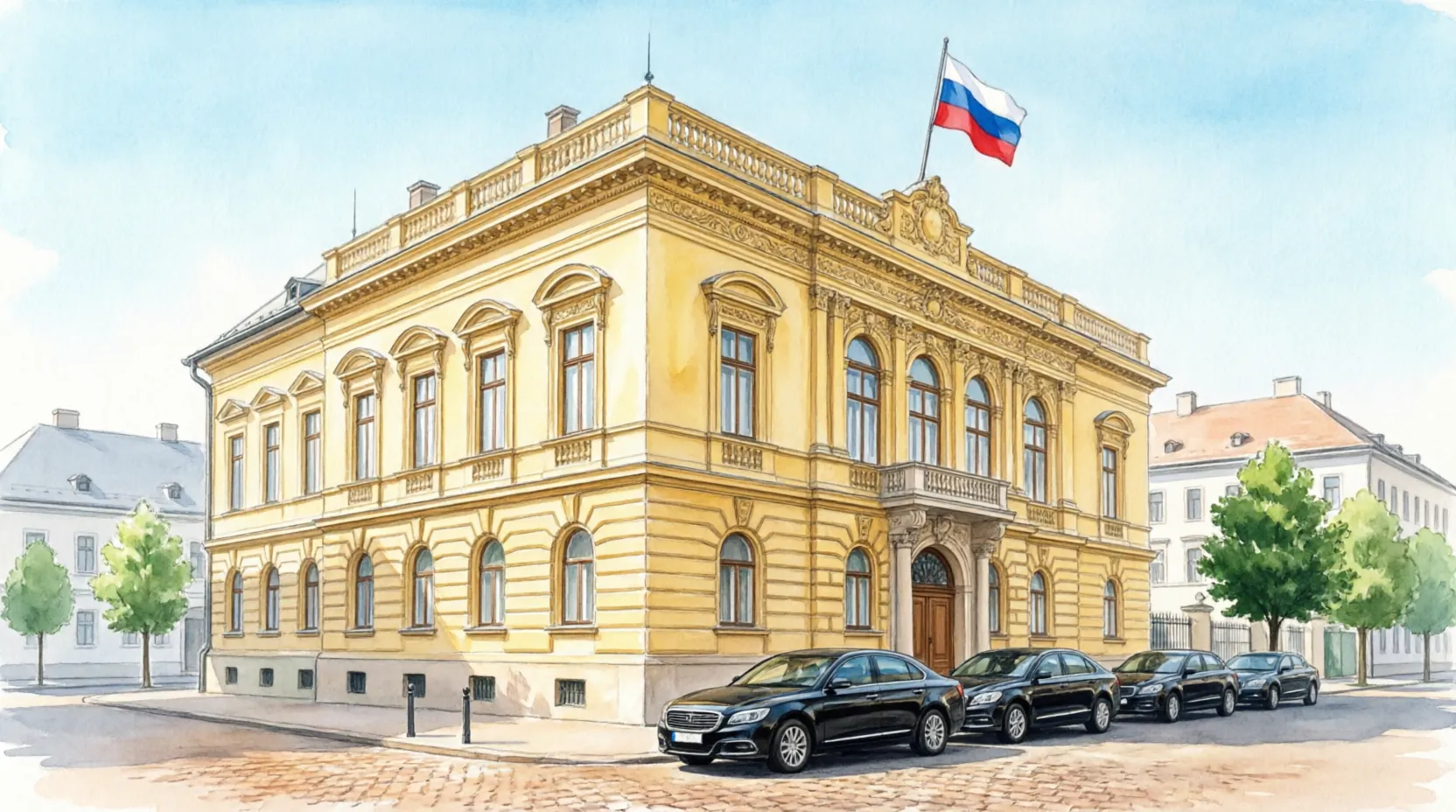 здание посольства России в Будапеште с припаркованными черными дипломатическими автомобилями