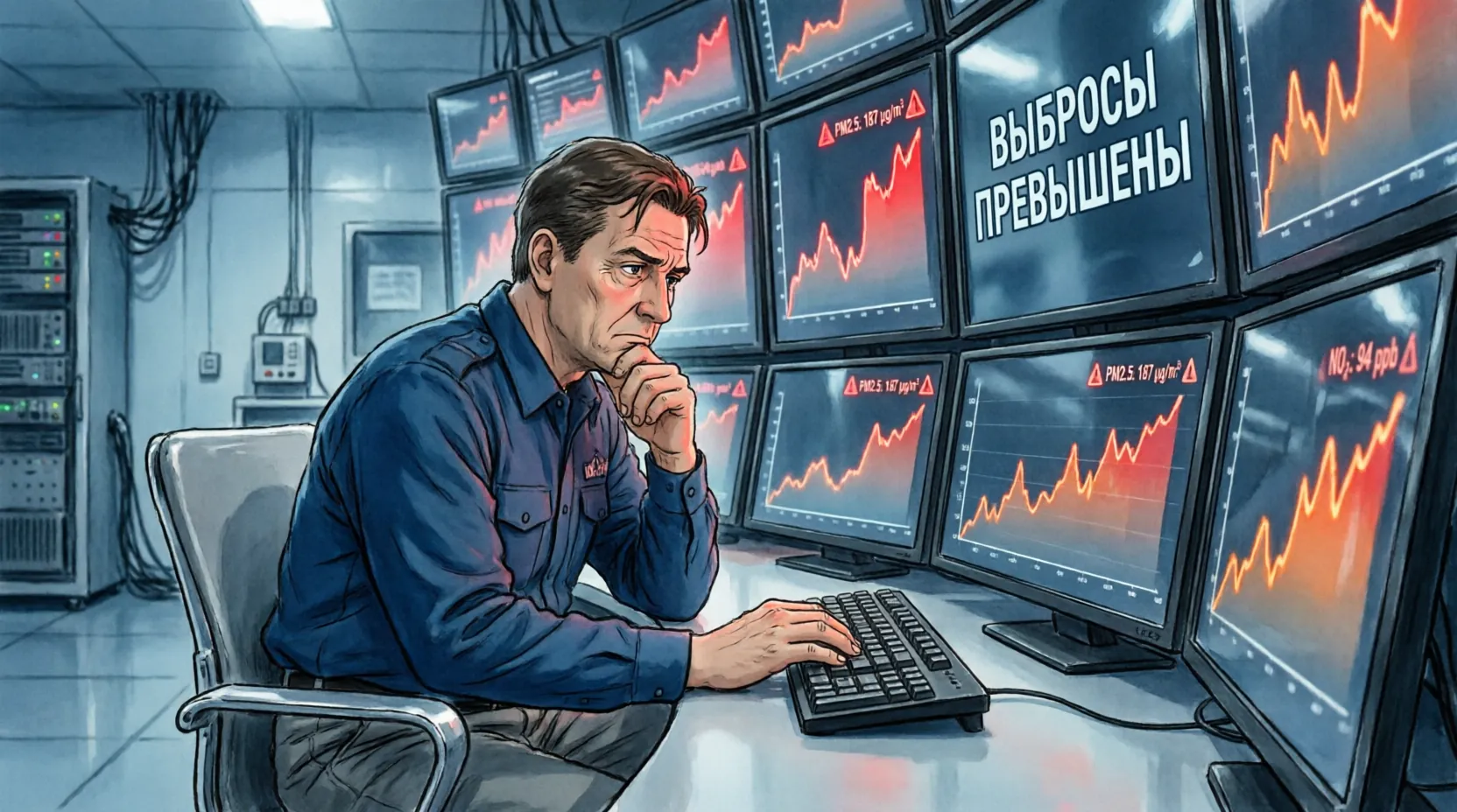 диспетчерский пульт с графиками выбросов на мониторах