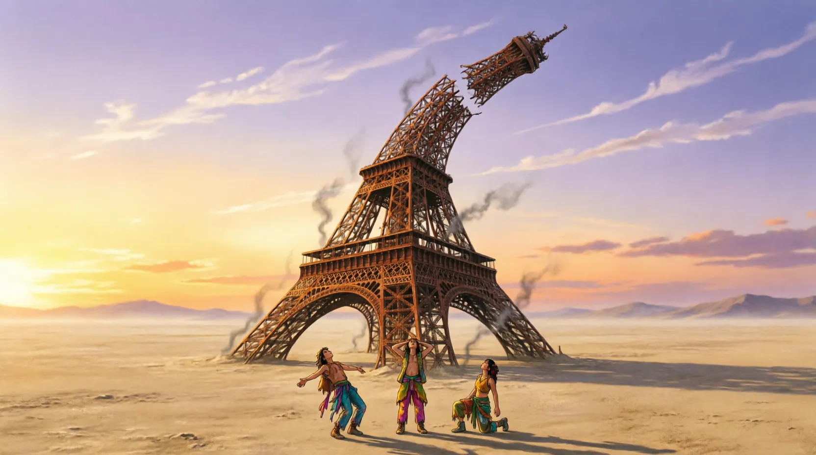 30-метровая переломленная инсталляция Эйфелевой башни на фестивале Burning Man в пустыне