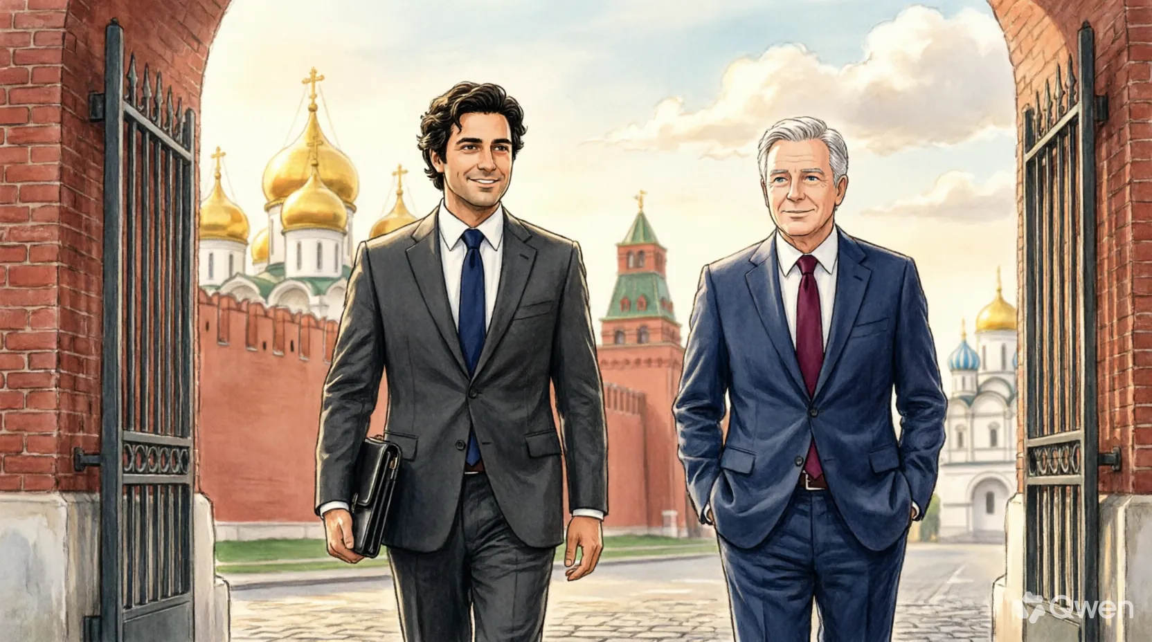 Джаред Кушнер и Стив Уиткофф выходят из здания Кремля после переговоров