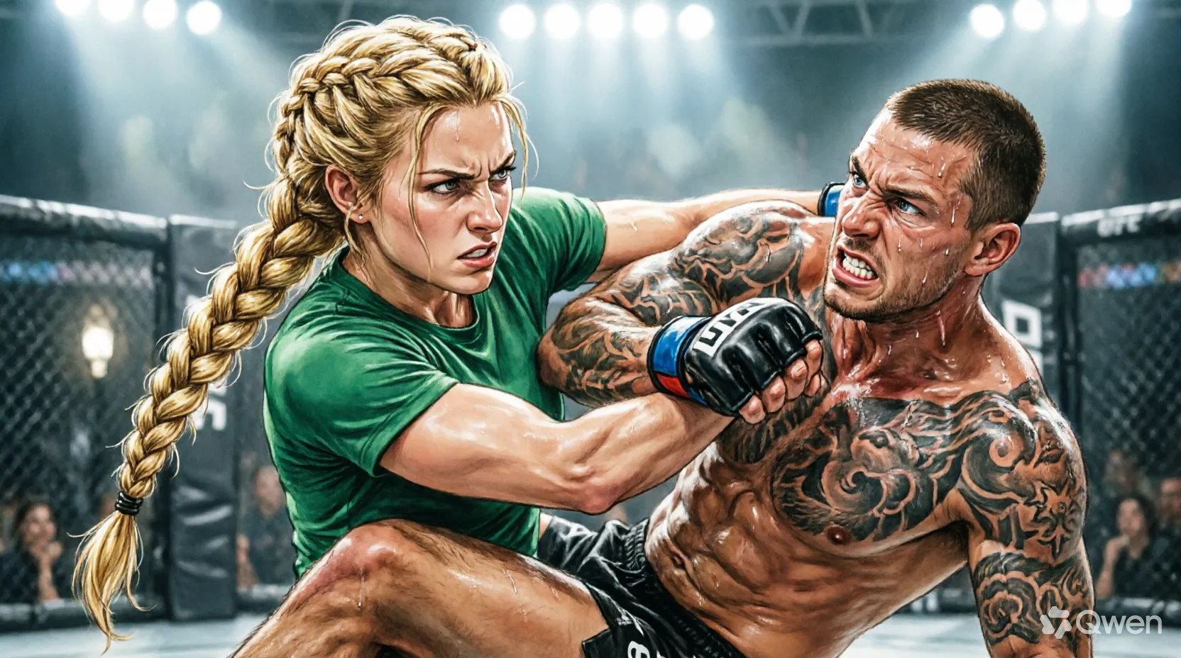 Рафа Гарсия и Чжу Жун в октагоне во время боя на турнире UFC в Глендейле