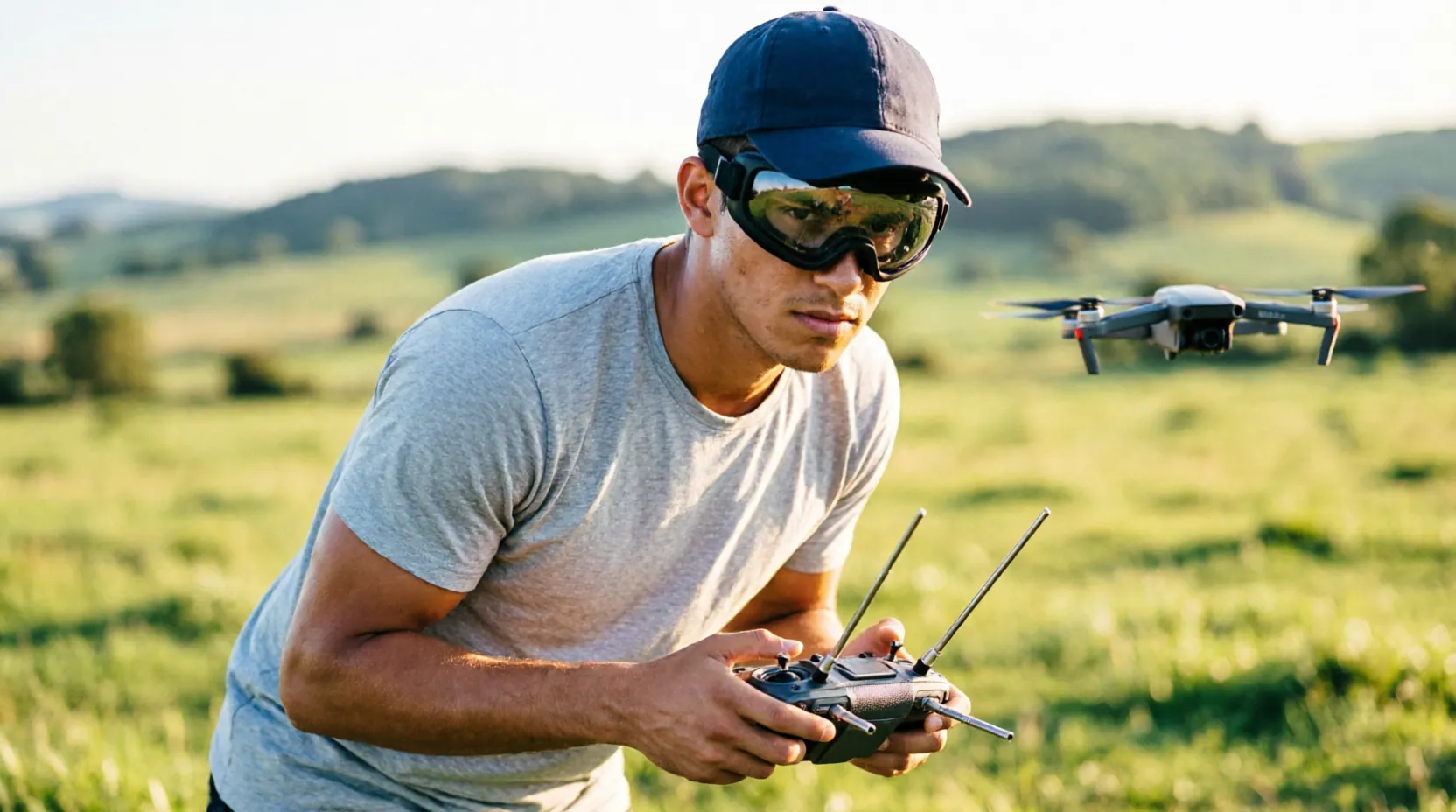 оператор FPV-дрона за пультом управления в полевых условиях