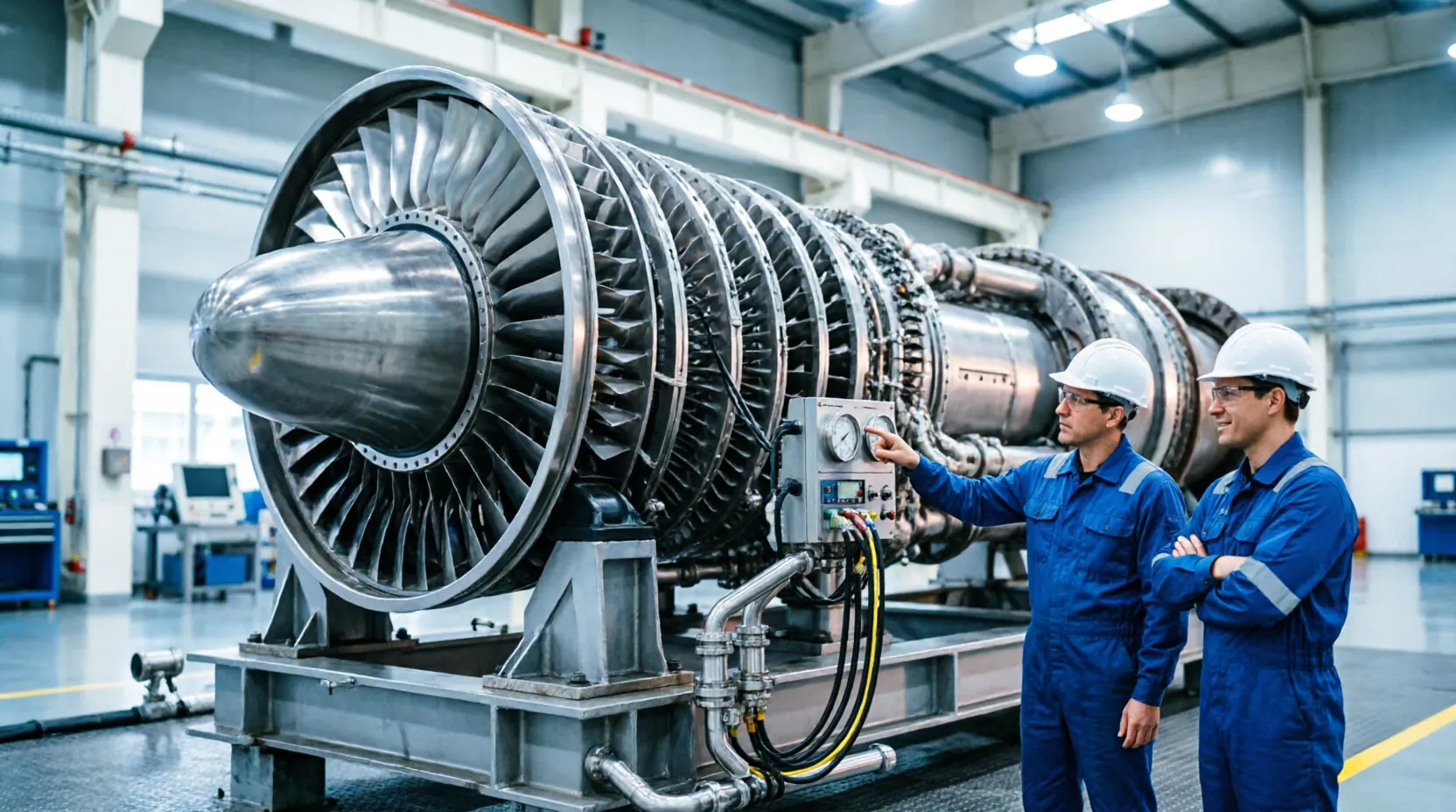газовая турбина большой мощности на испытательном стенде завода