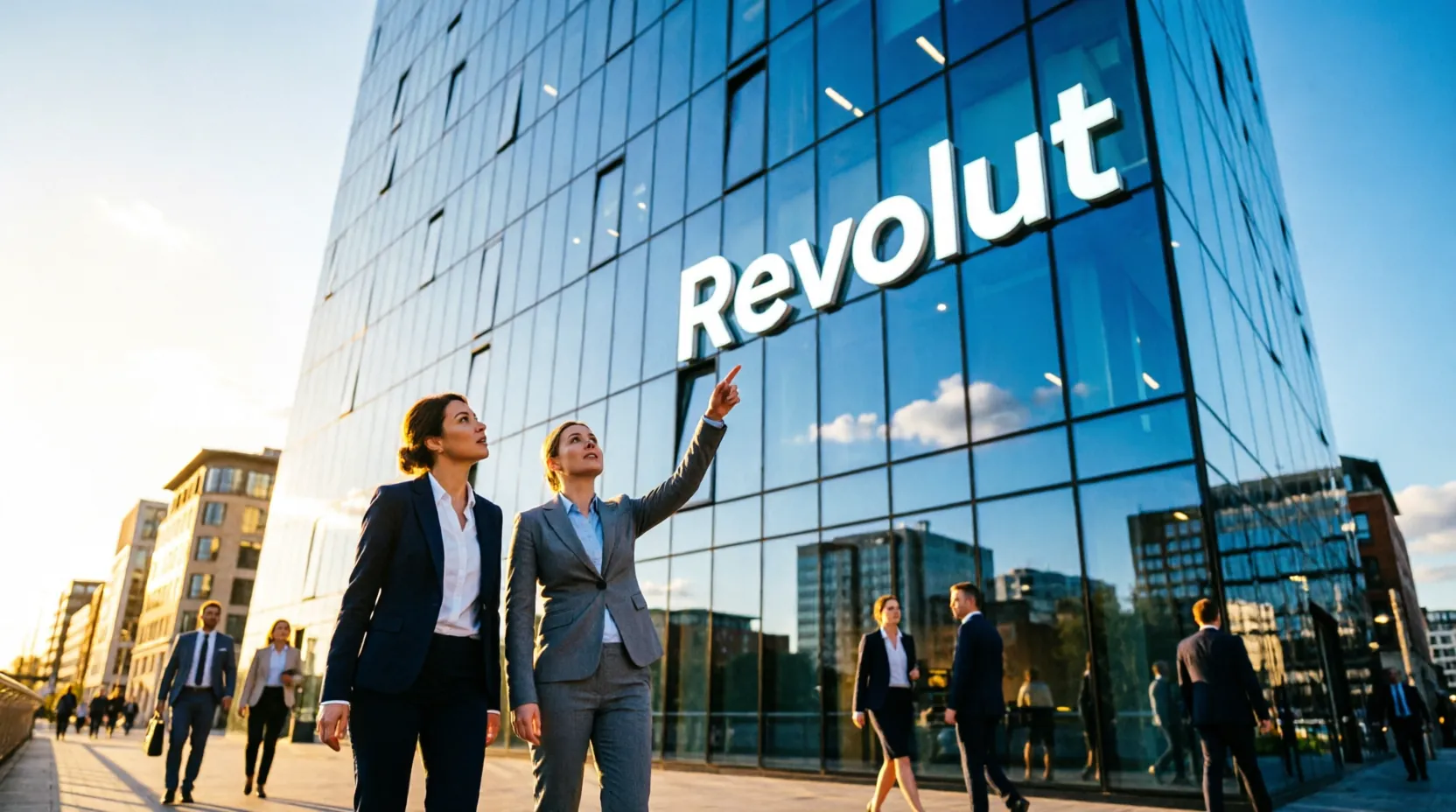 офис Revolut с логотипом компании на фасаде здания