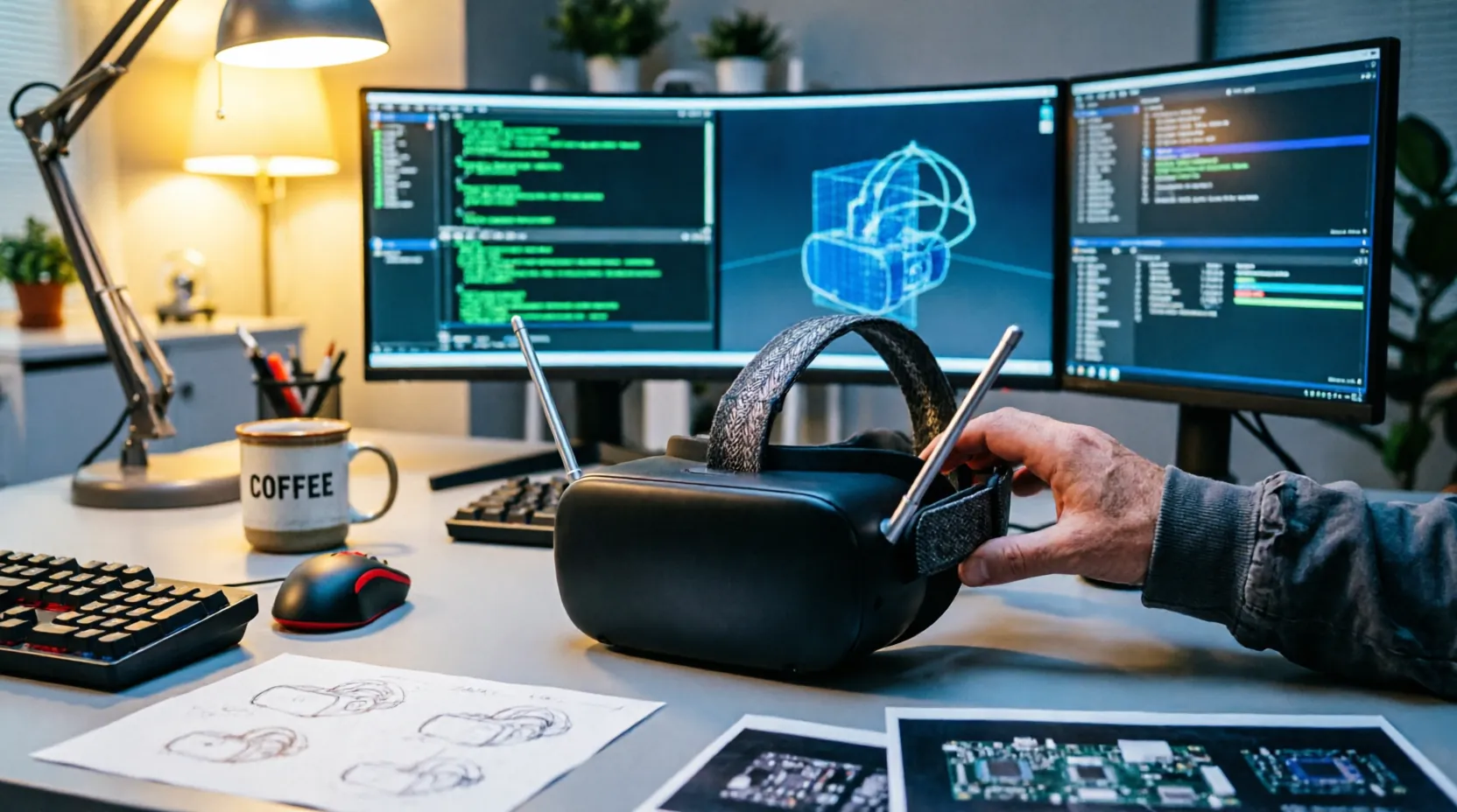VR-шлем Steam Frame на столе разработчика с двумя антеннами