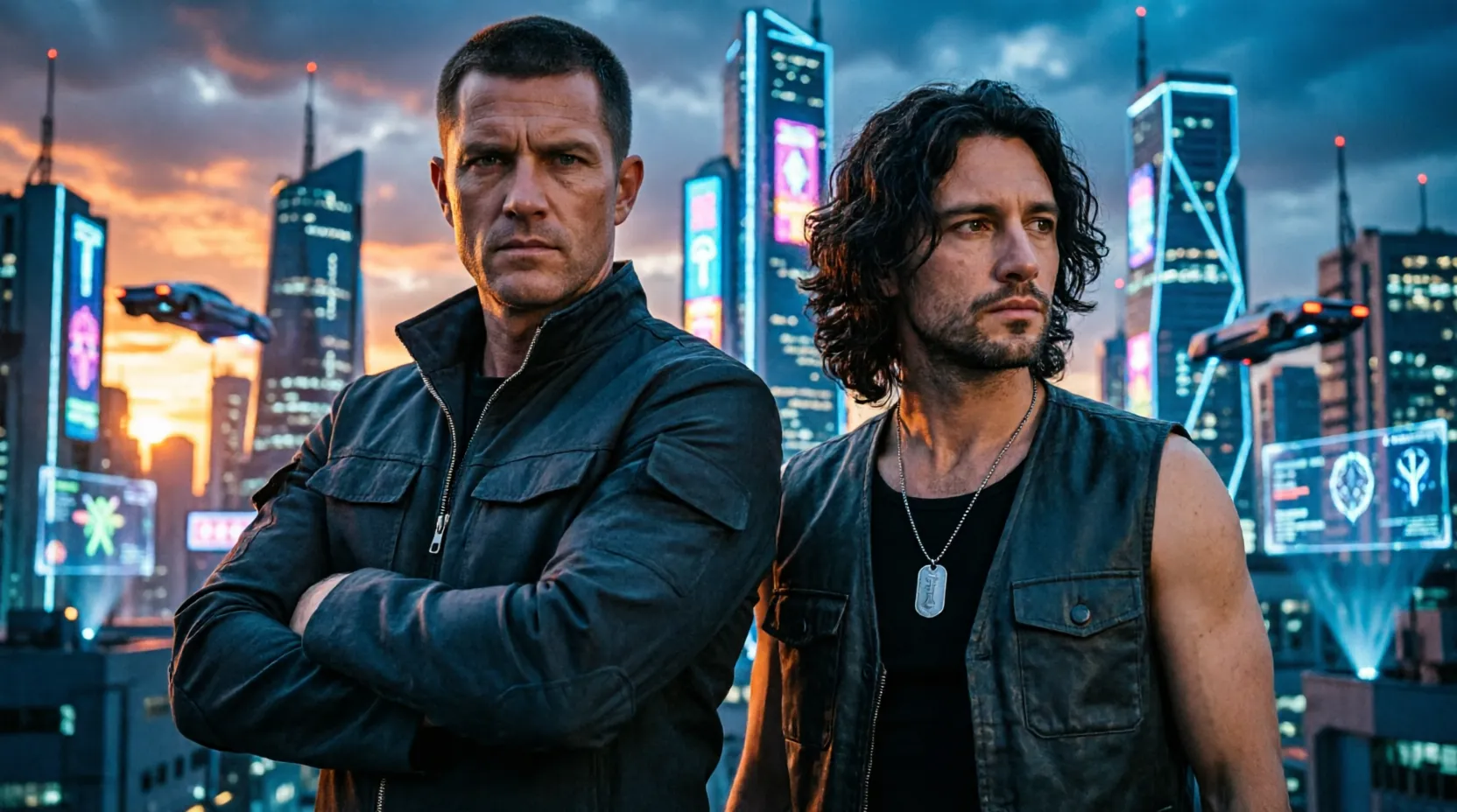 постер сериала Полдень с Максимом Матвеевым и Юрием Колокольниковым на фоне футуристического города 2278 года