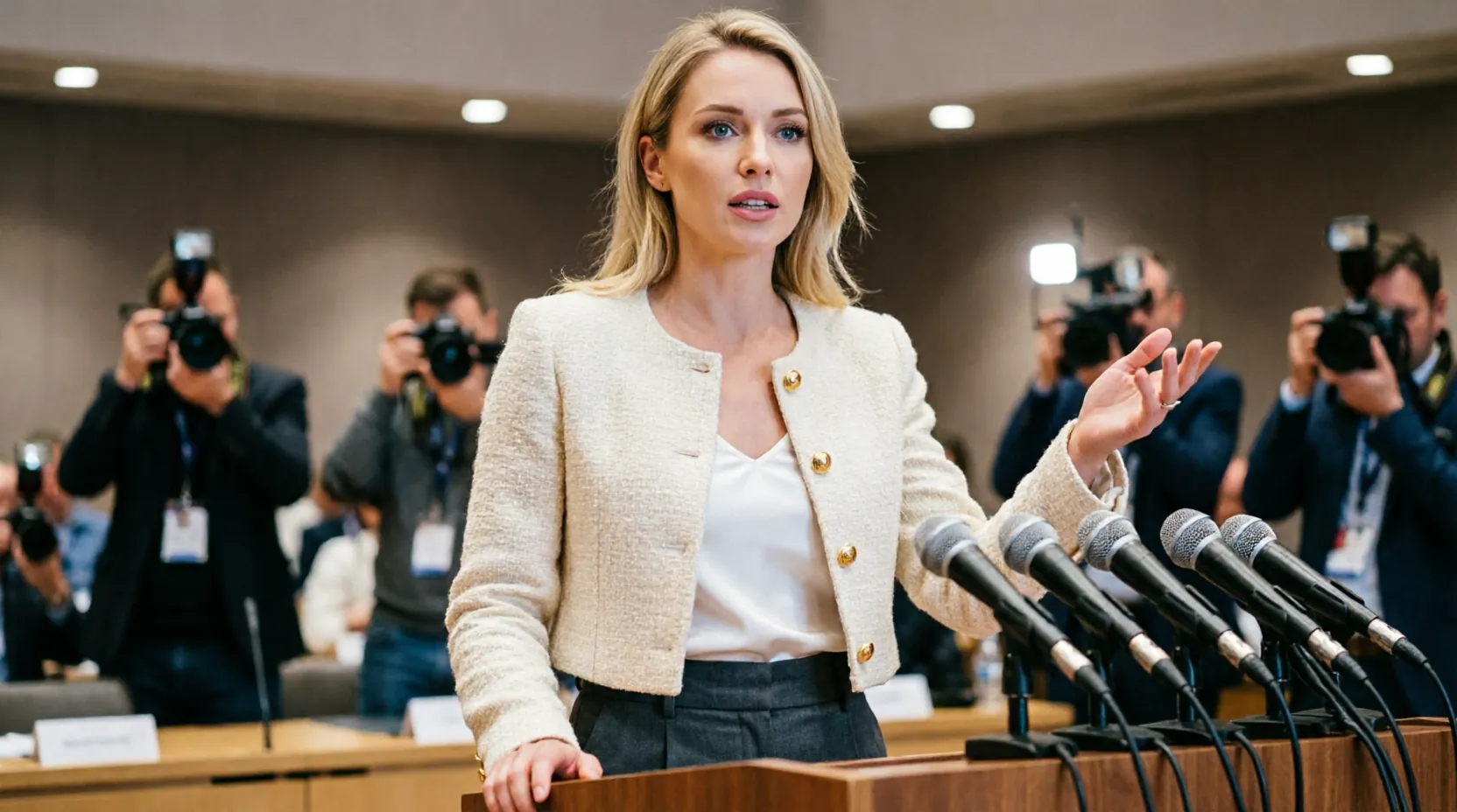 Екатерина Мизулина выступает на пресс-конференции с микрофонами
