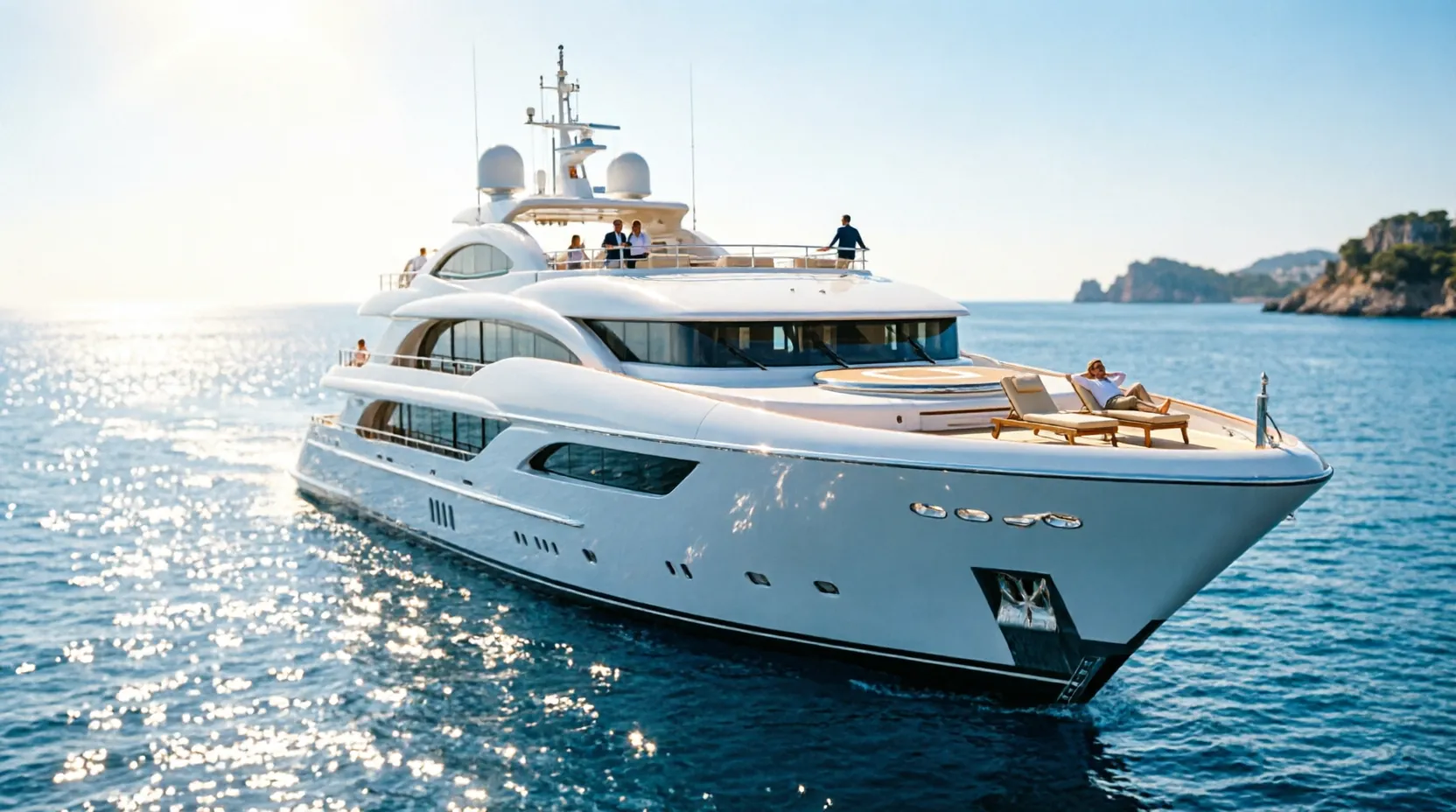 Суперъяхта Dilbar на воде, белая роскошная яхта